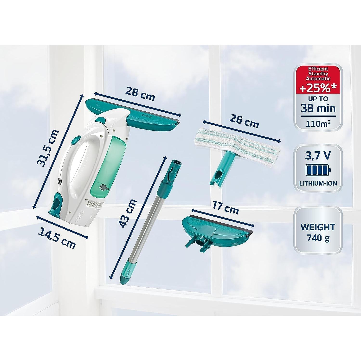 Leifheit Dry & Clean Window Vacuum Cleaner Set with 43cm Handle and Washers, Window Cleaning Kit up to 35 Minutes of Power, Electric Window Cleaner