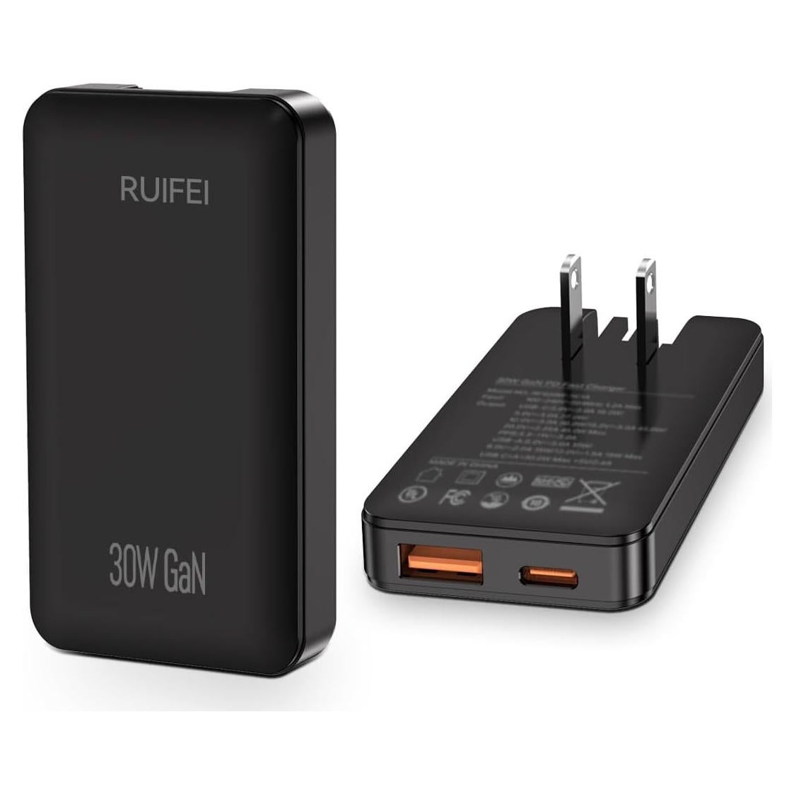 Cargador USB-C 30W RUIFEI Doble Puerto Carga Rápida Negro