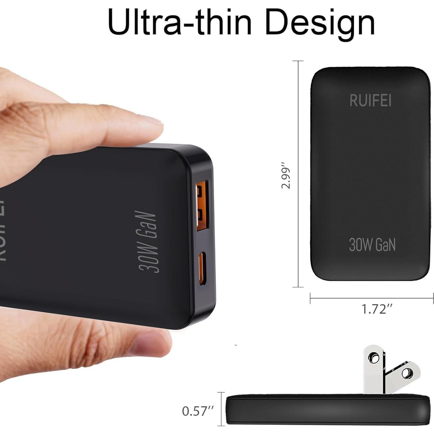 Cargador USB-C 30W RUIFEI Doble Puerto Carga Rápida Negro
