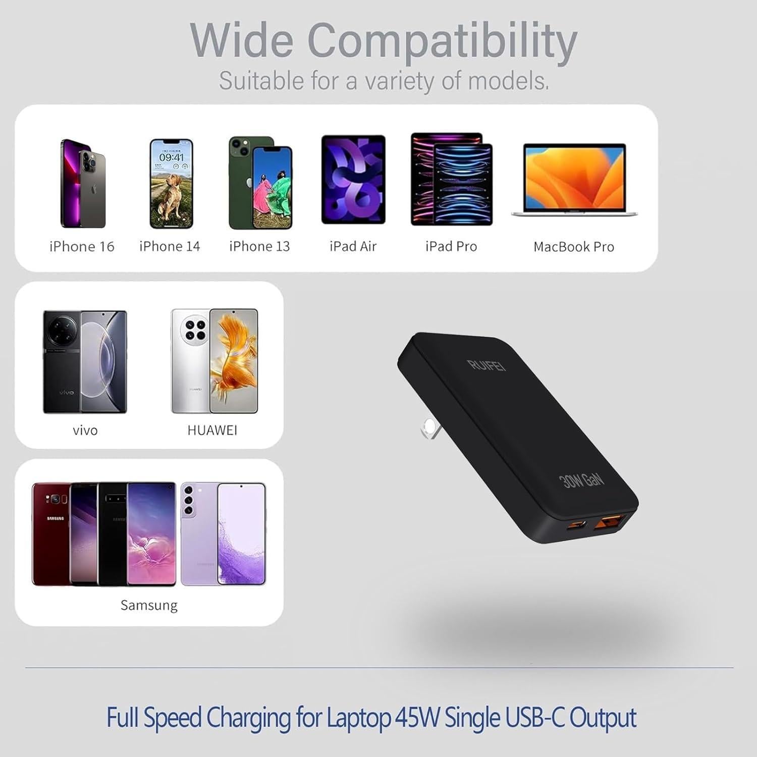 Cargador USB-C 30W RUIFEI Doble Puerto Carga Rápida Negro