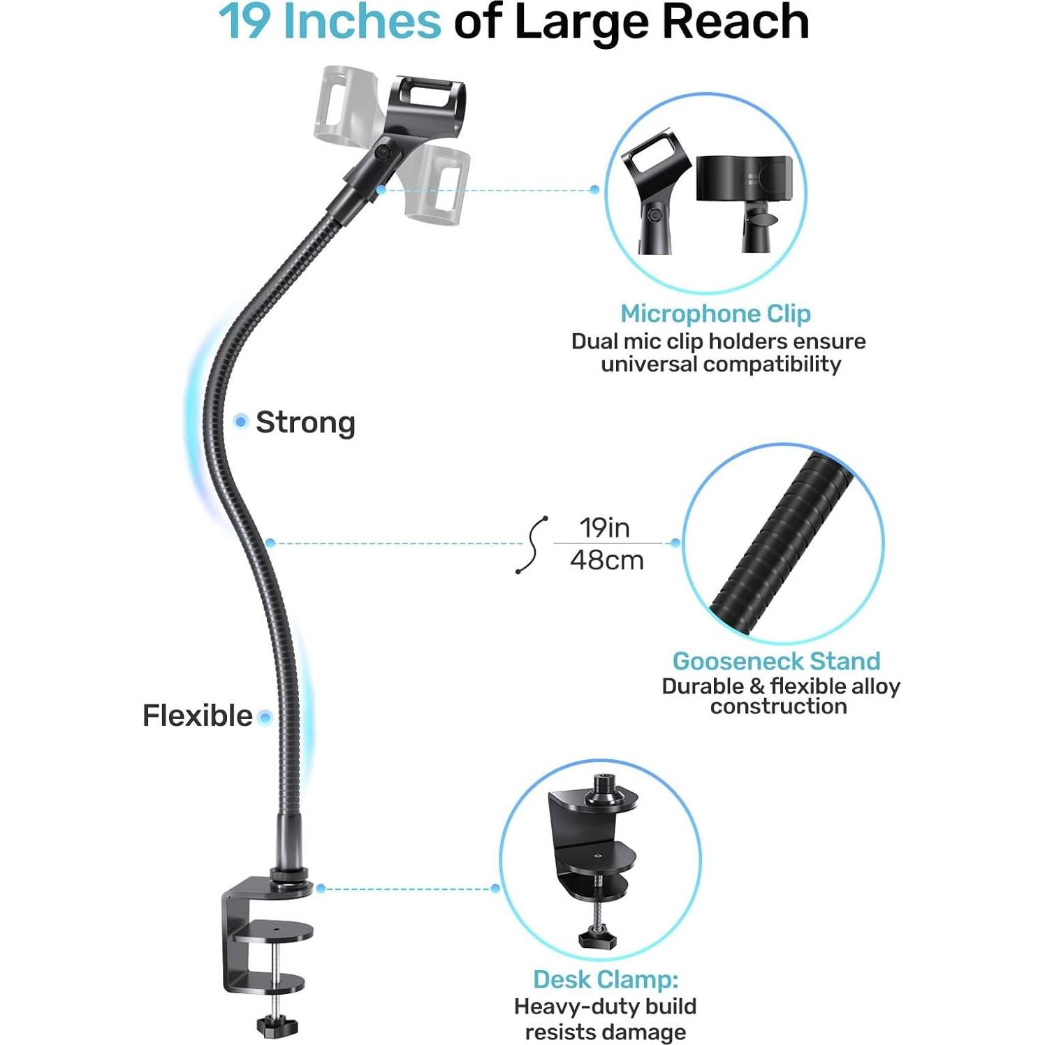 Soporte de Micrófono Cuello de Ganso 48 cm con Abrazadera - Negro