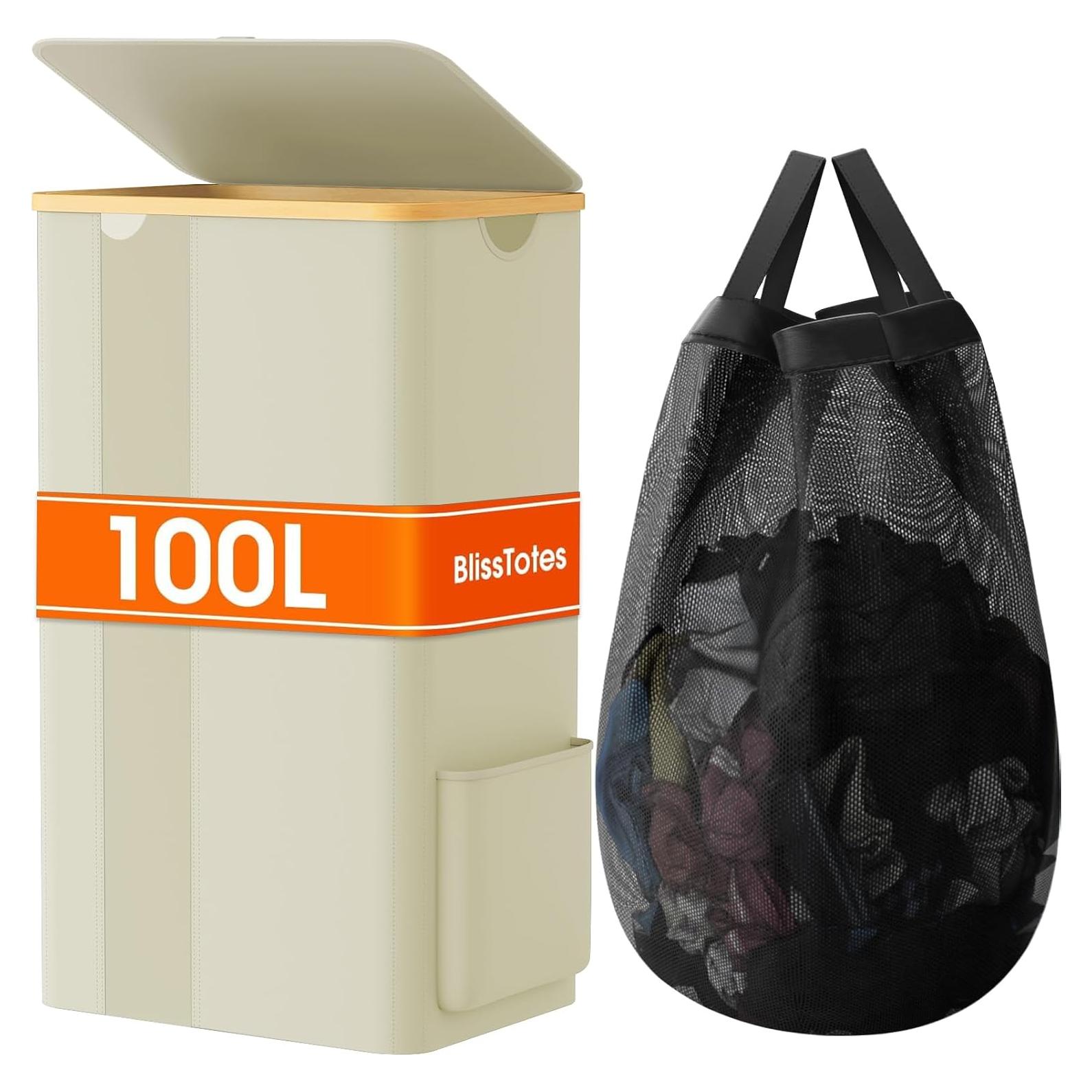 Cesta de Ropa BlissTotes 100L Beige con Tapa y Asas