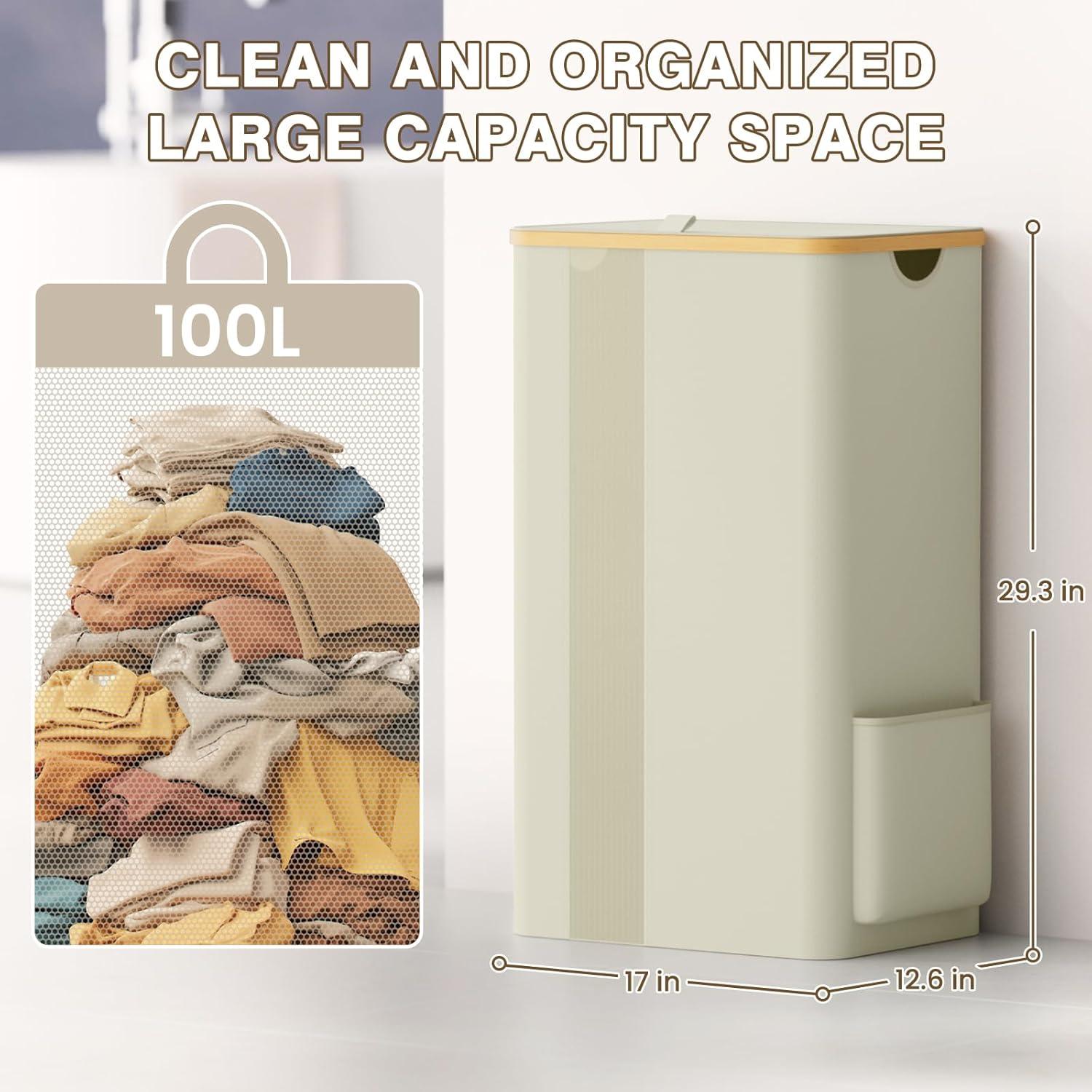 Cesta de Ropa BlissTotes 100L Beige con Tapa y Asas