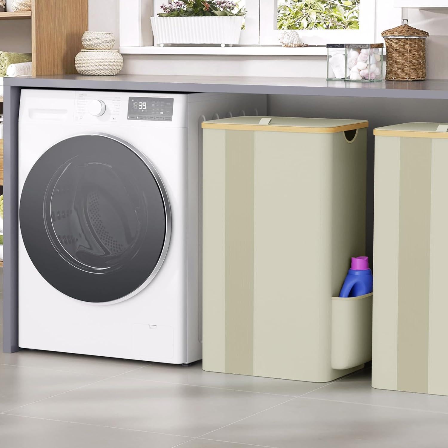 Cesta de Ropa BlissTotes 100L Beige con Tapa y Asas