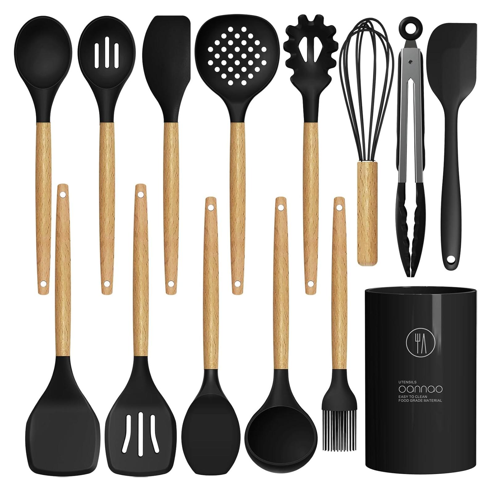 Juego de Utensilios de Cocina de Silicona oannao 14 Piezas Negro