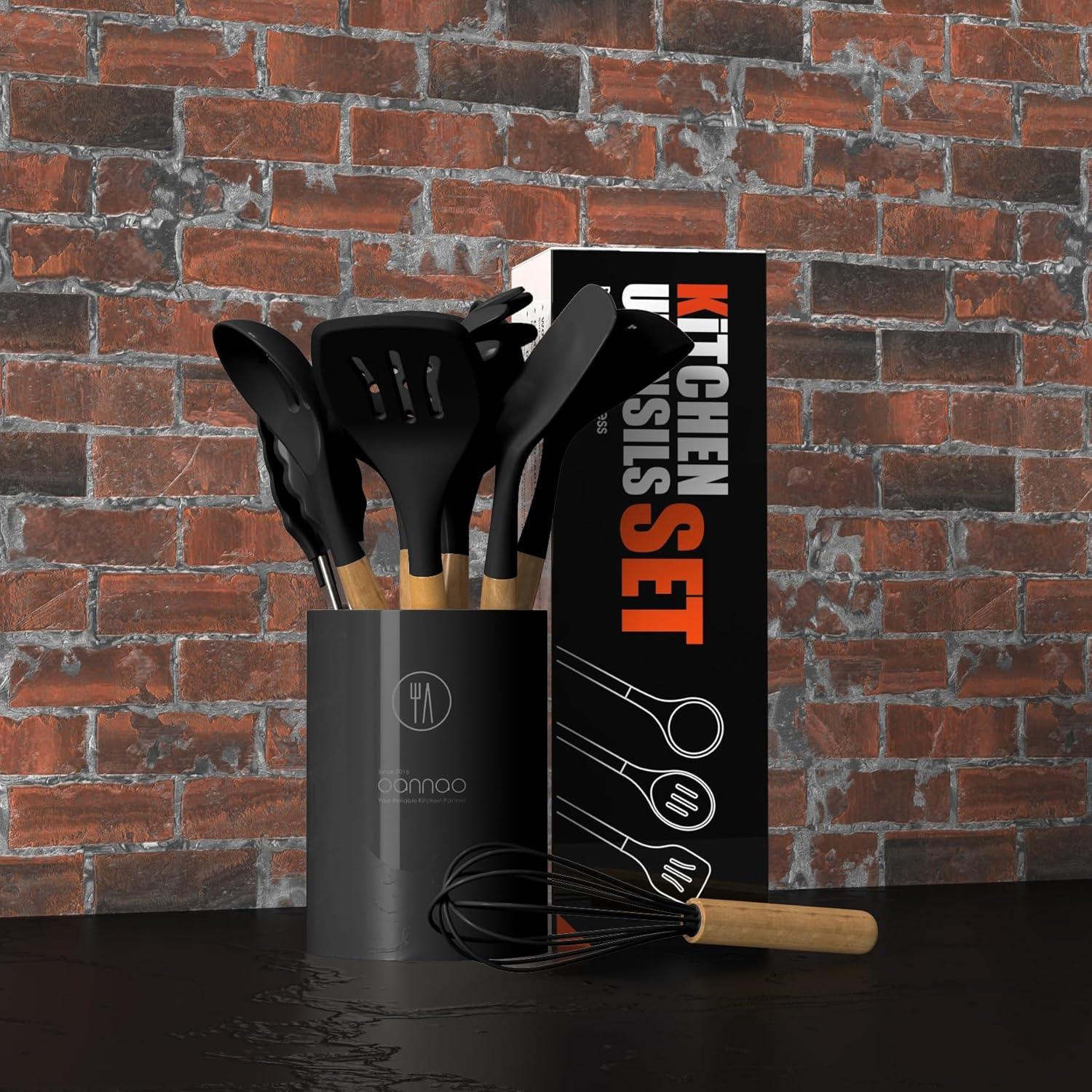 Juego de Utensilios de Cocina de Silicona oannao 14 Piezas Negro