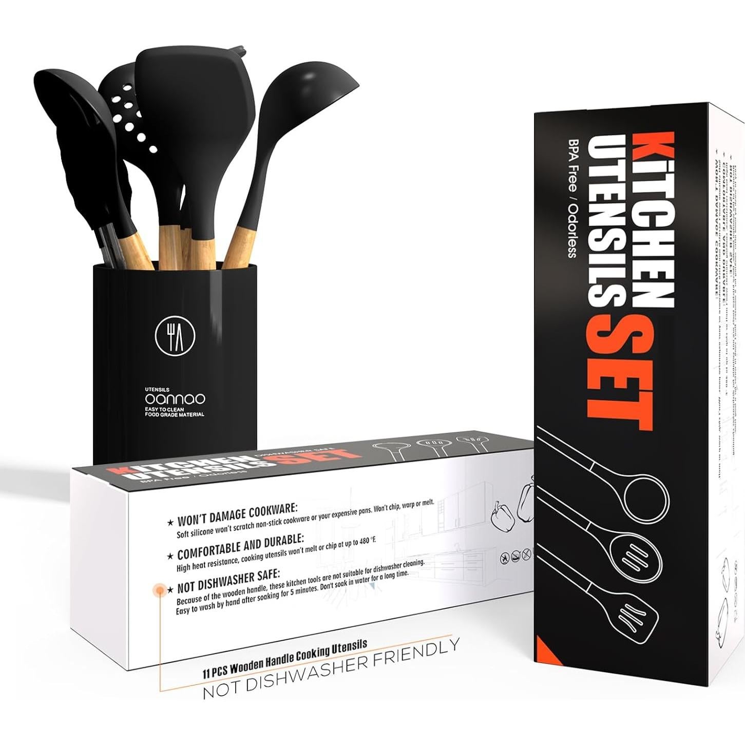 Juego de Utensilios de Cocina de Silicona oannao 14 Piezas Negro