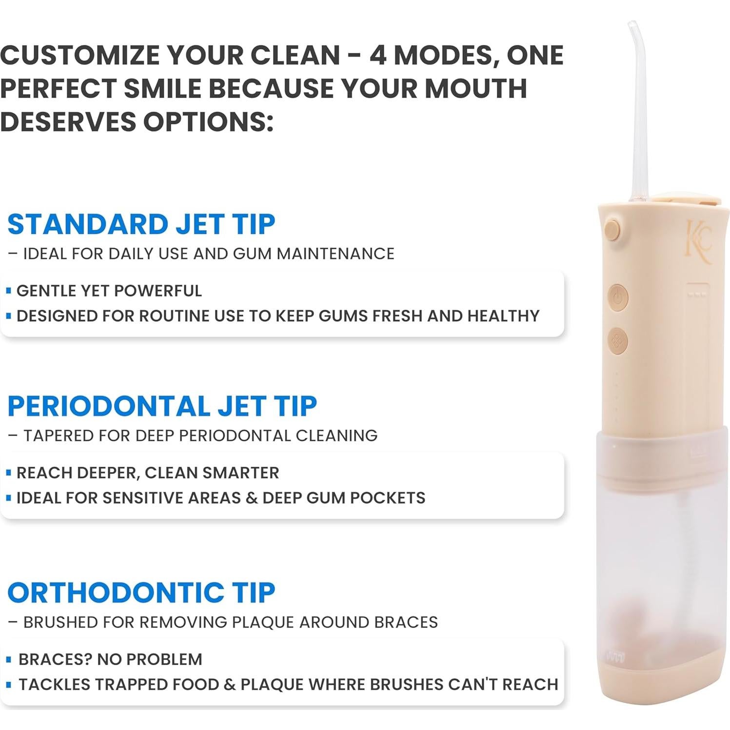 Hilo Dental Portátil KC Adour - Irrigador Oral 4 Modos Beige