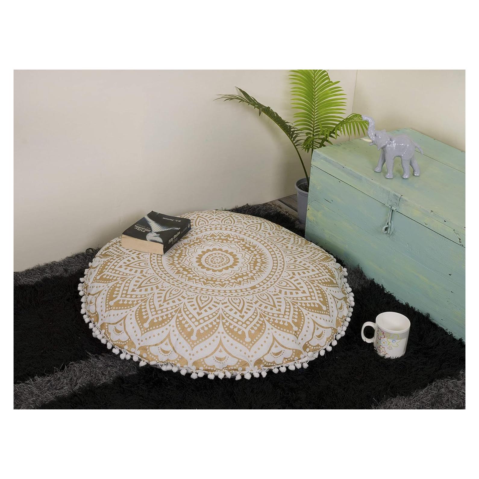 Funda de Cojín Redonda Grande Mandala Oro - Artesanías Populares 45.72 cm