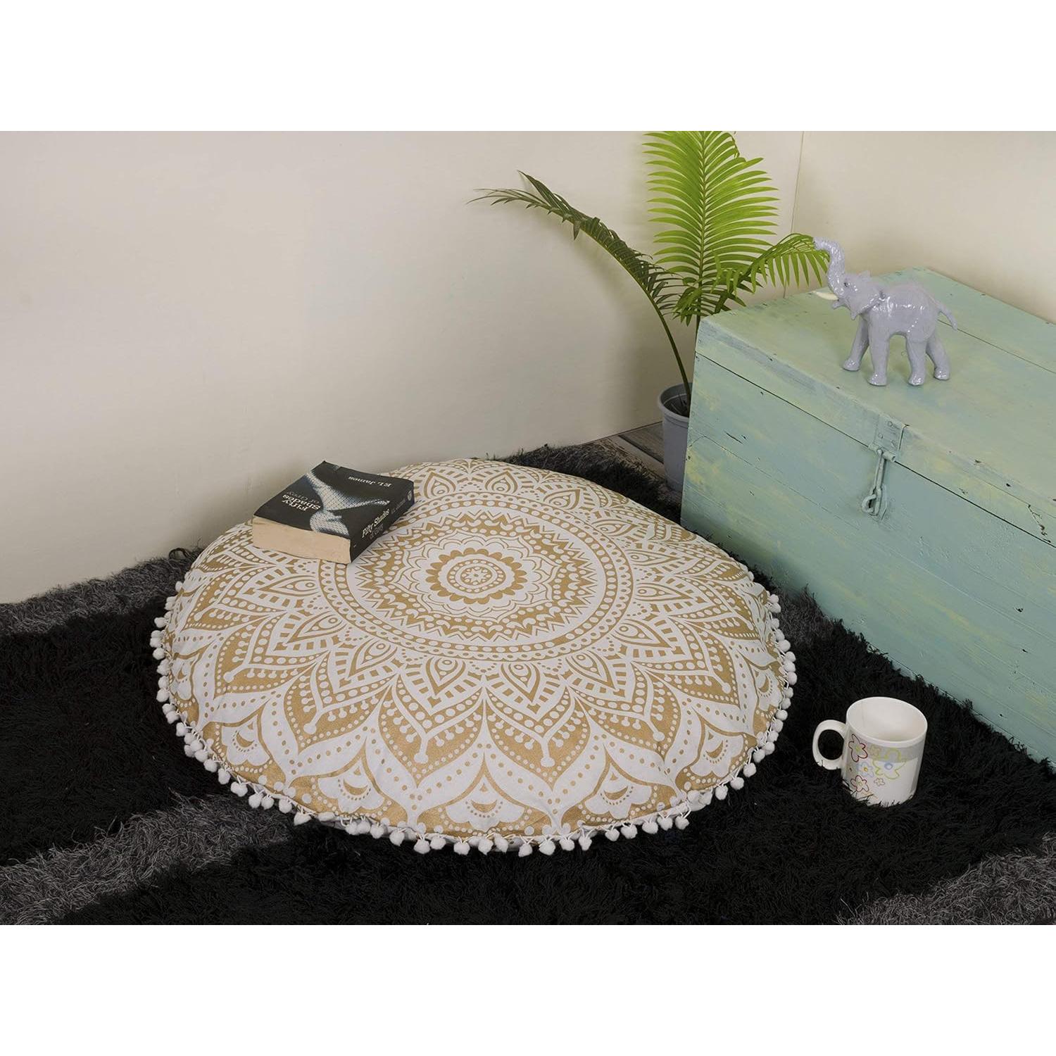 Funda de Cojín Redonda Grande Mandala Oro - Artesanías Populares 45.72 cm