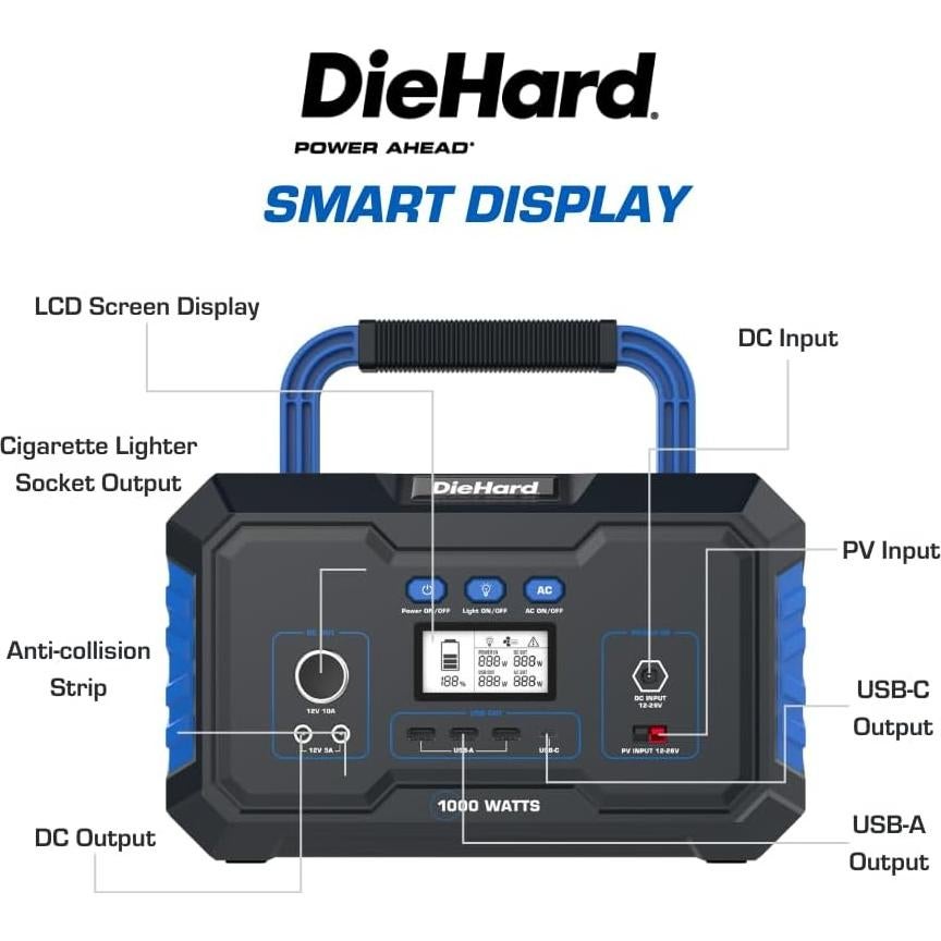 Estación de Energía Portátil DieHard 1000W - Compacta y Ecológica