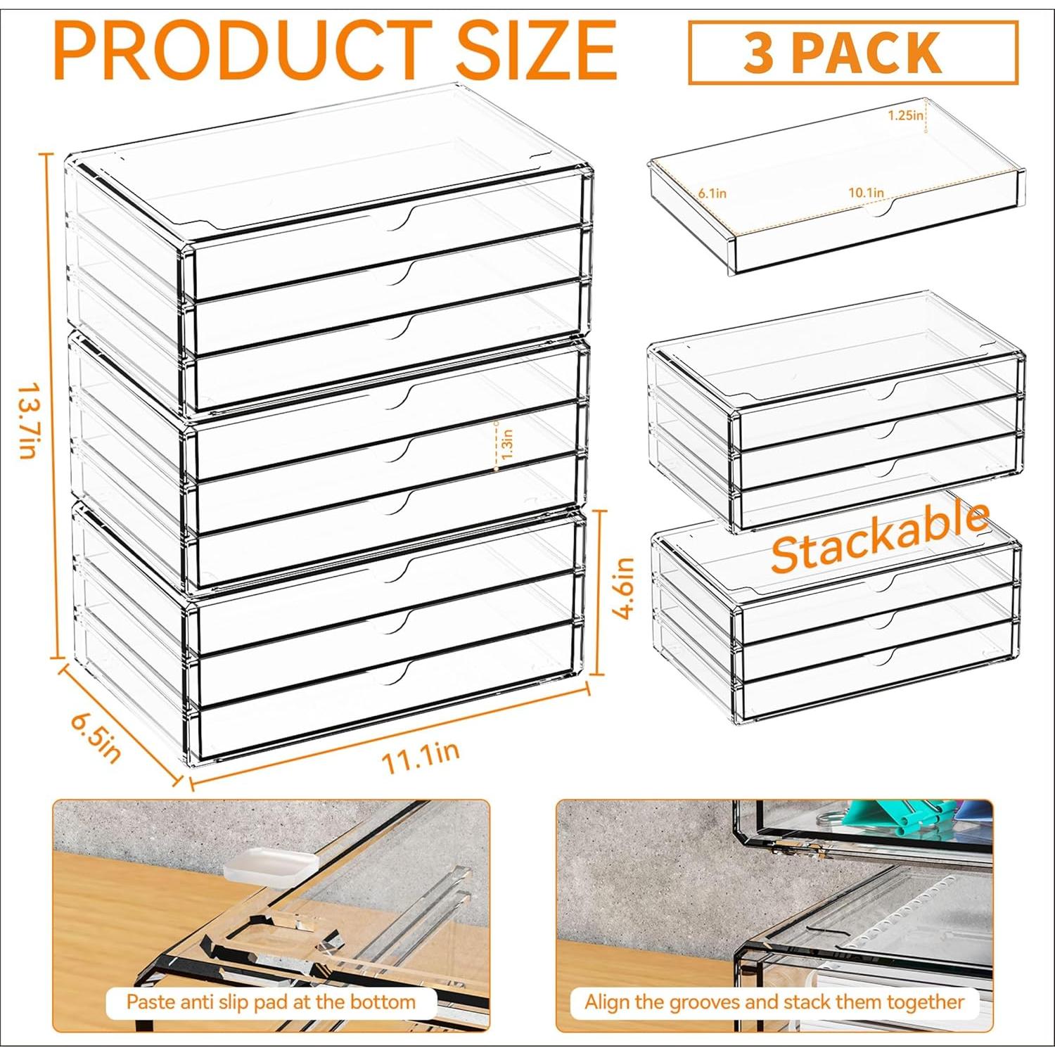 Organizadores de Cajones Apilables Yieach 3 Piezas Acrílico 25.7x15.5 cm
