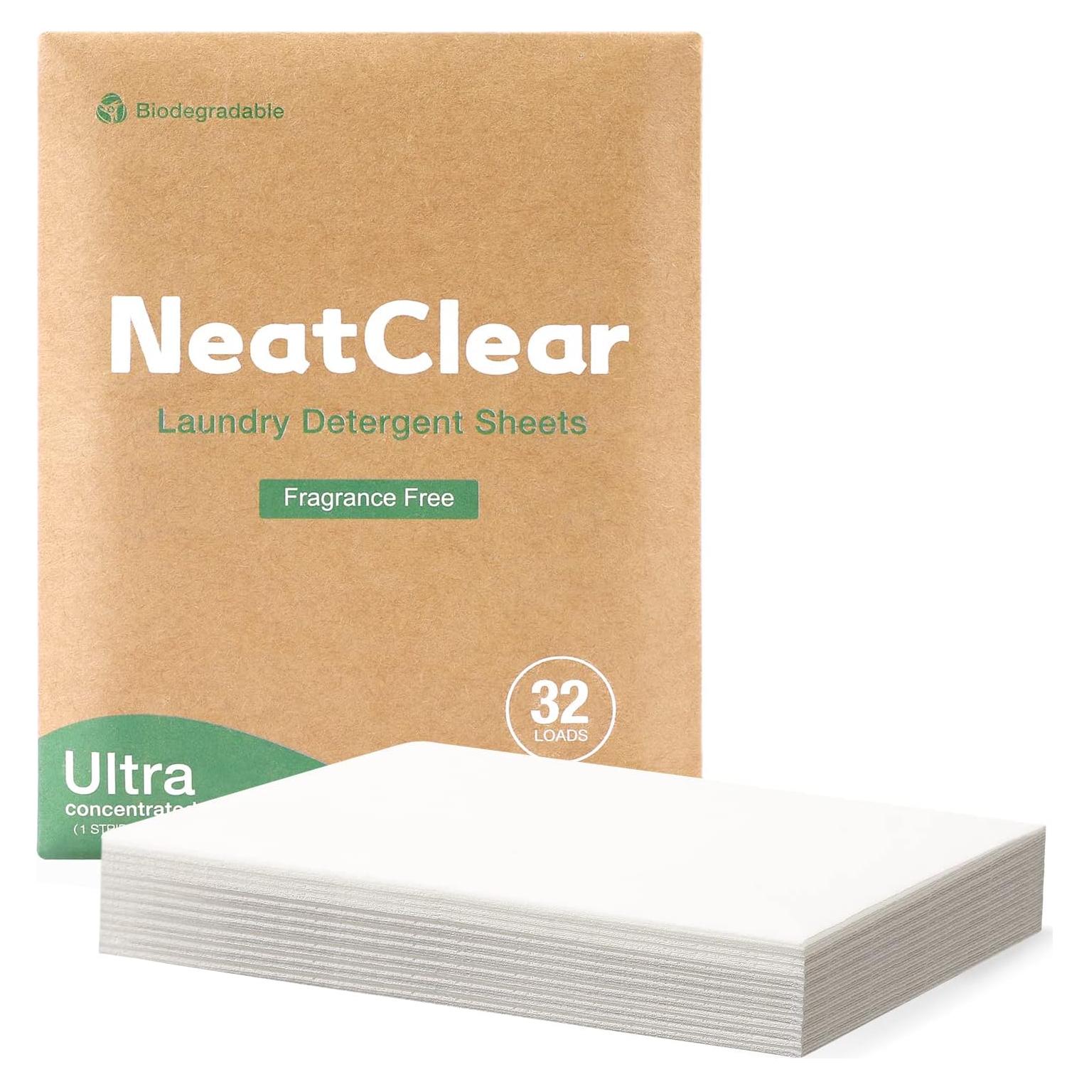 Hojas de detergente NeatClear 32 tiras biodegradables sin fragancia