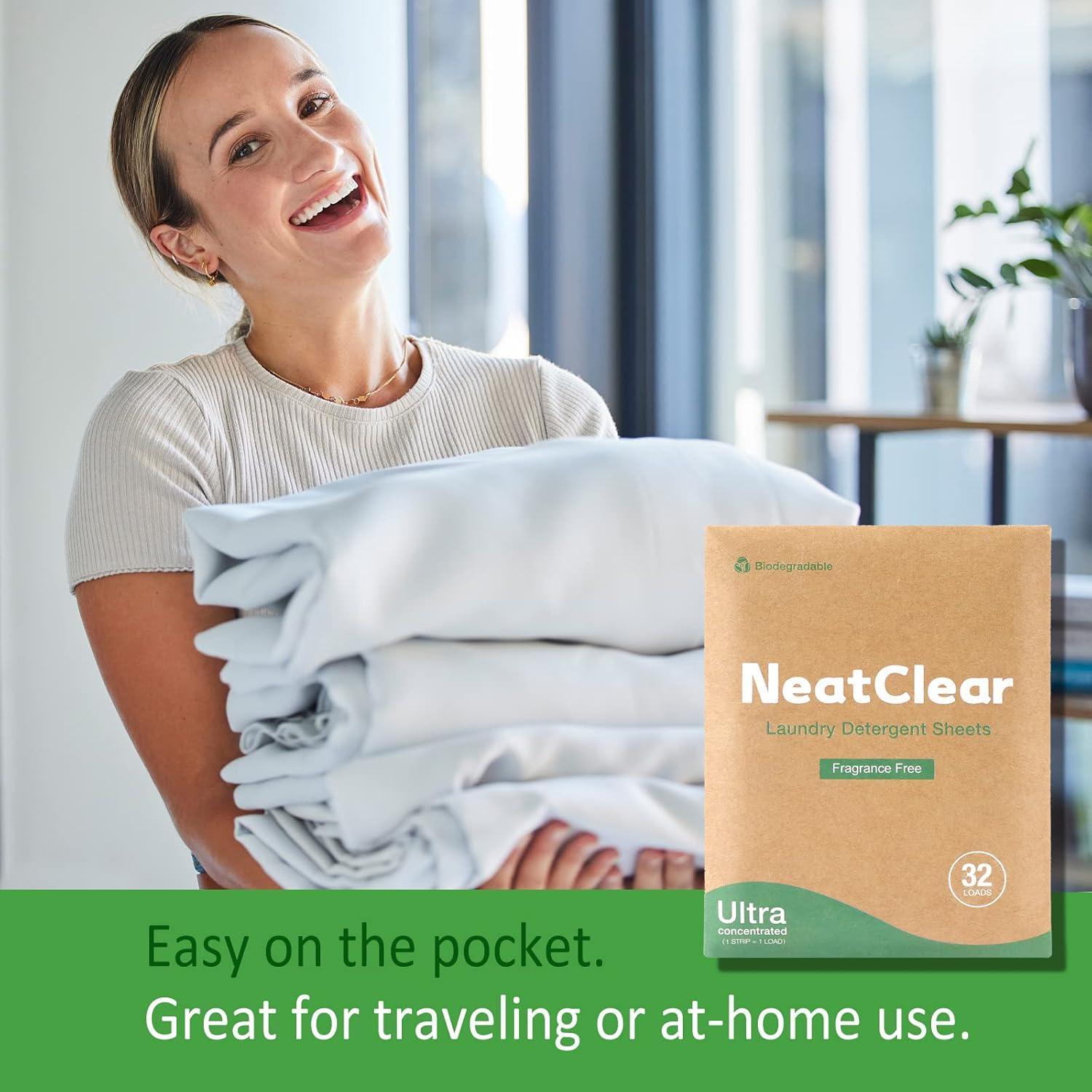 Hojas de detergente NeatClear 32 tiras biodegradables sin fragancia