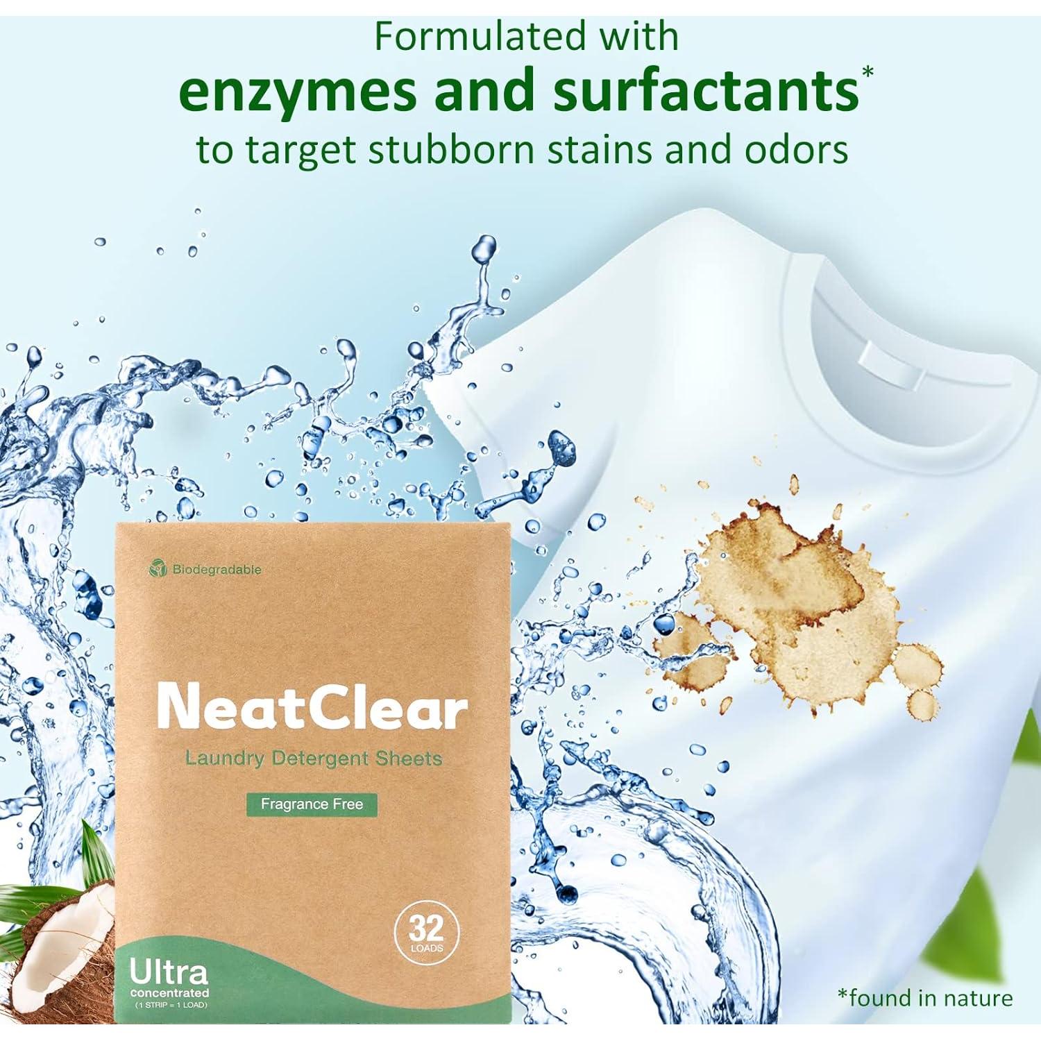 Hojas de detergente NeatClear 32 tiras biodegradables sin fragancia