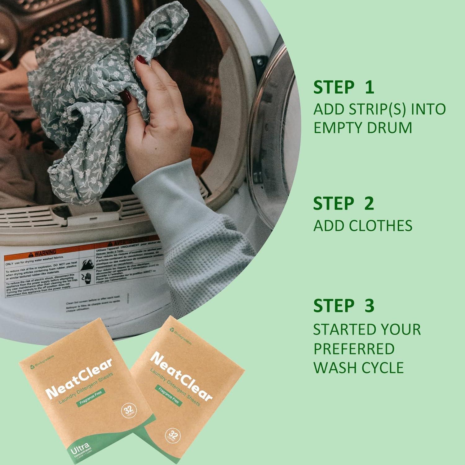 Hojas de detergente NeatClear 32 tiras biodegradables sin fragancia