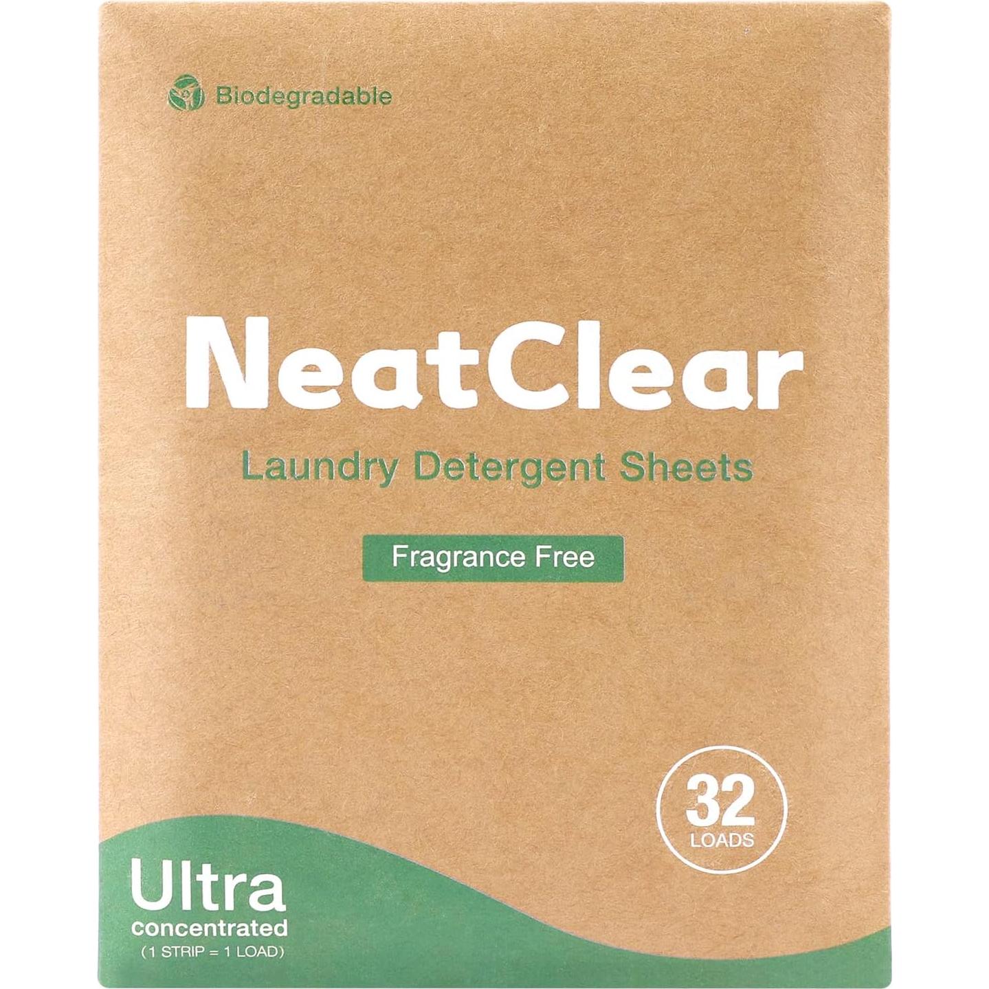 Hojas de detergente NeatClear 32 tiras biodegradables sin fragancia