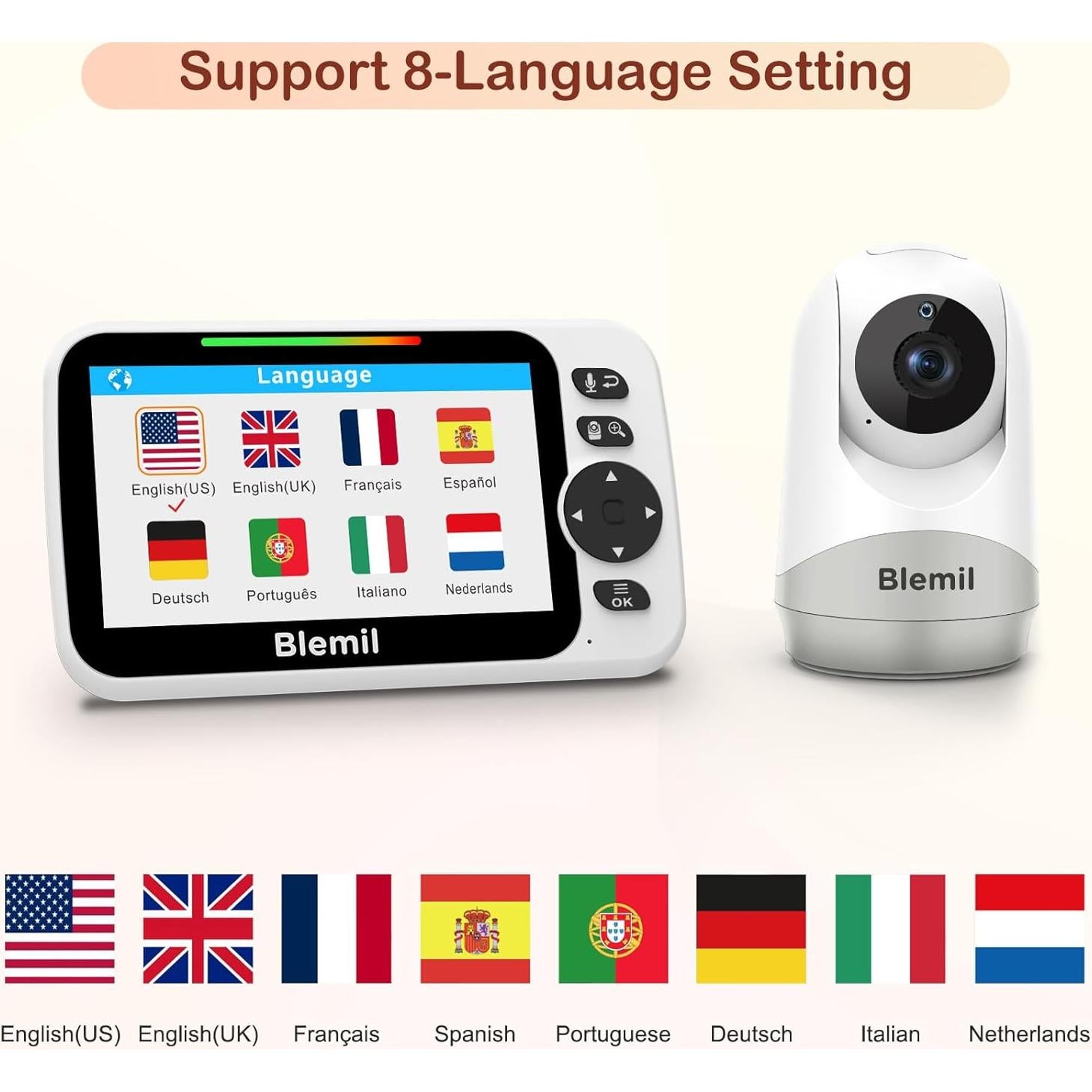 Monitor de Bebé Blemil BL9052 con Pantalla de 5" y Batería de 30h