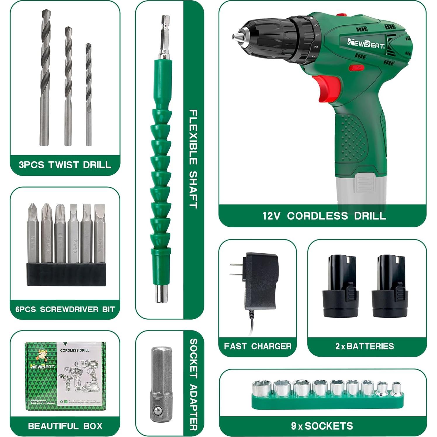 Juego de Taladros NEWBEAT 12V Inalámbrico con 2 Baterías