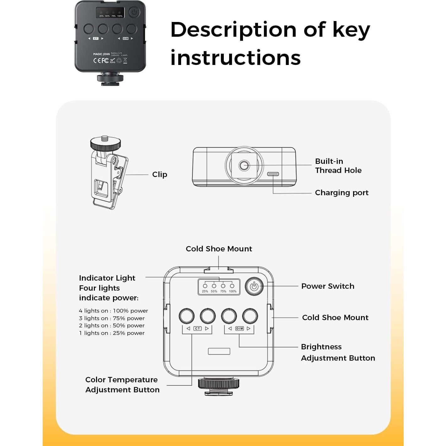 Luz de Selfie MAGIC JOHN Portátil 1200mAh 4 Modos 2500K-9000K