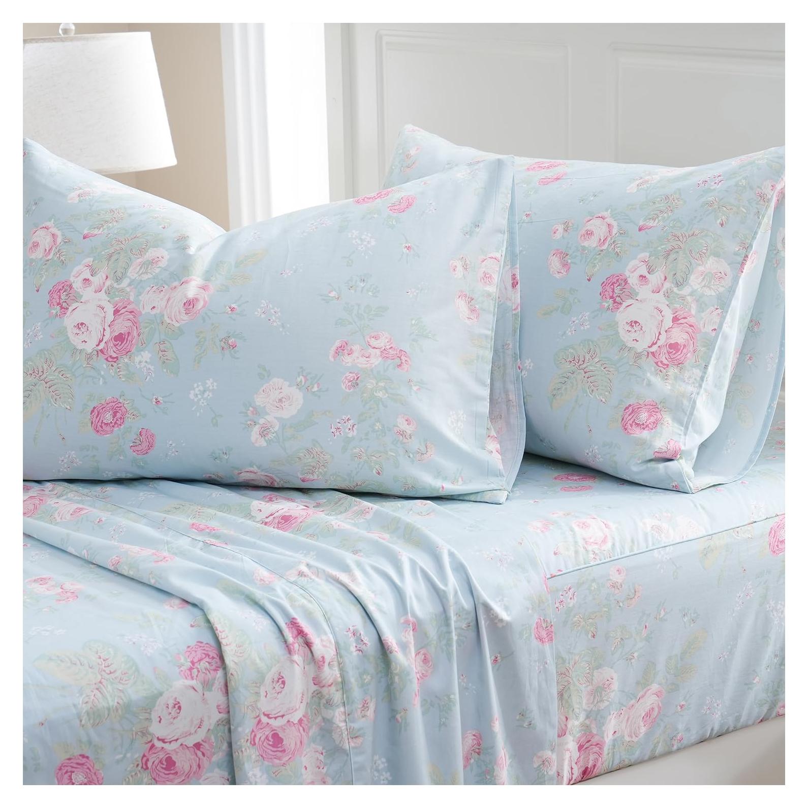 Juego de Sábanas Florales Azules Zusbest Completo 100% Algodón