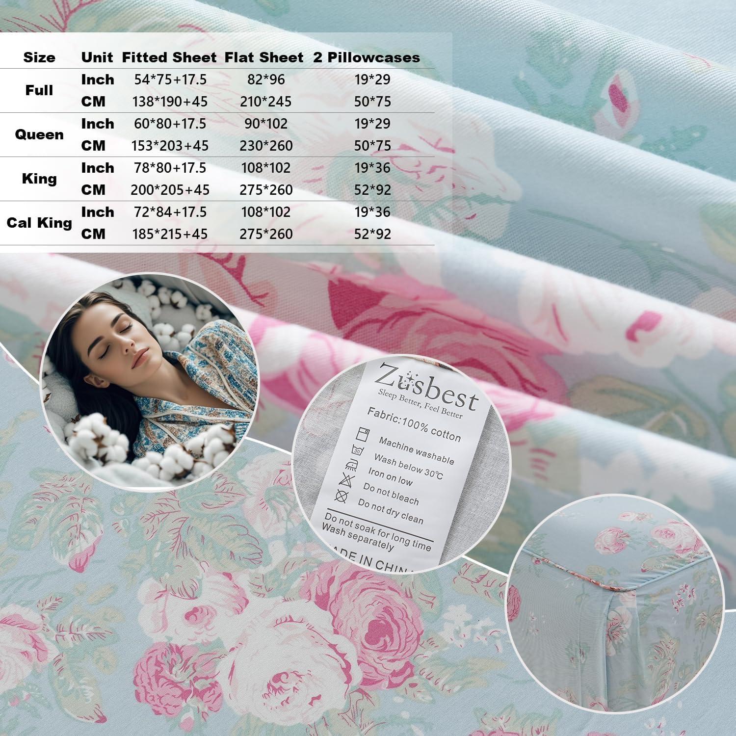 Juego de Sábanas Florales Azules Zusbest Completo 100% Algodón