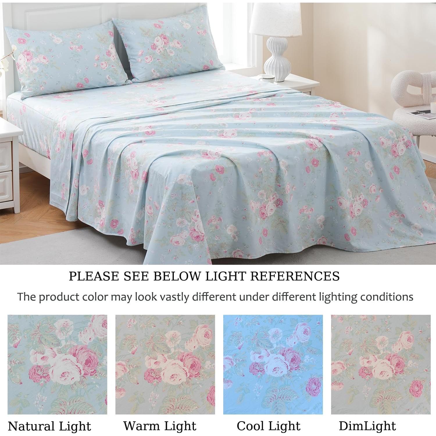 Juego de Sábanas Florales Azules Zusbest Completo 100% Algodón