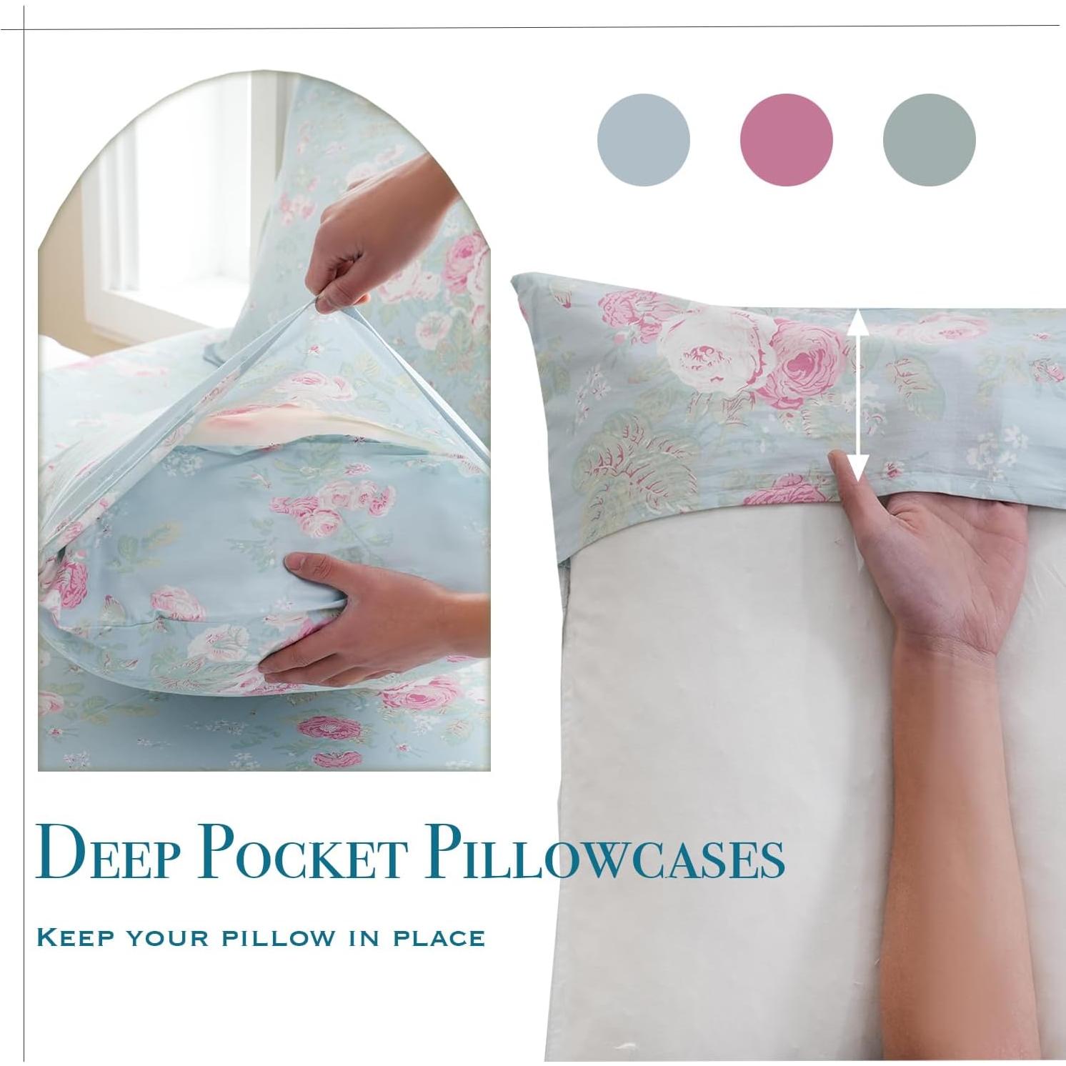 Juego de Sábanas Florales Azules Zusbest Completo 100% Algodón