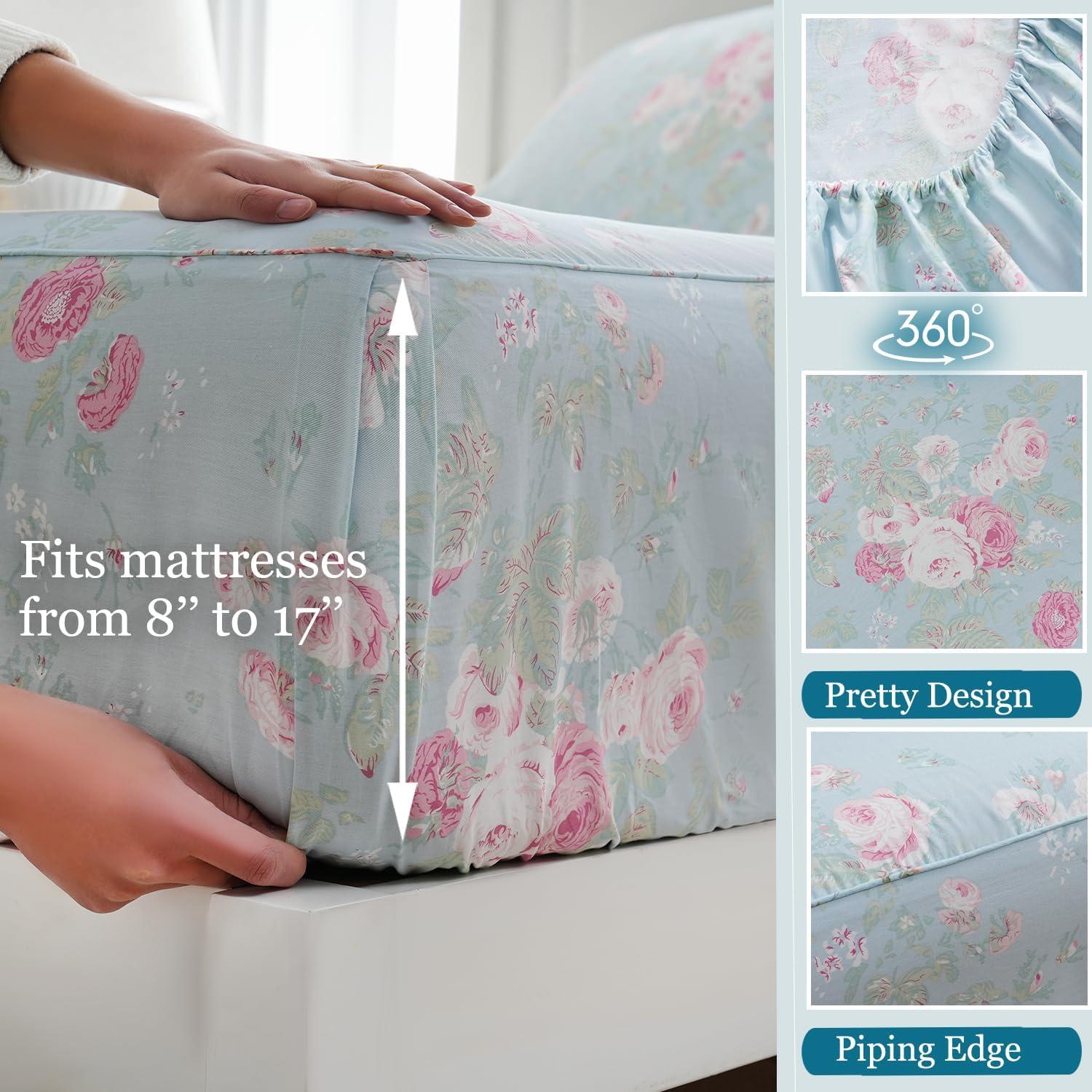 Juego de Sábanas Florales Azules Zusbest Completo 100% Algodón