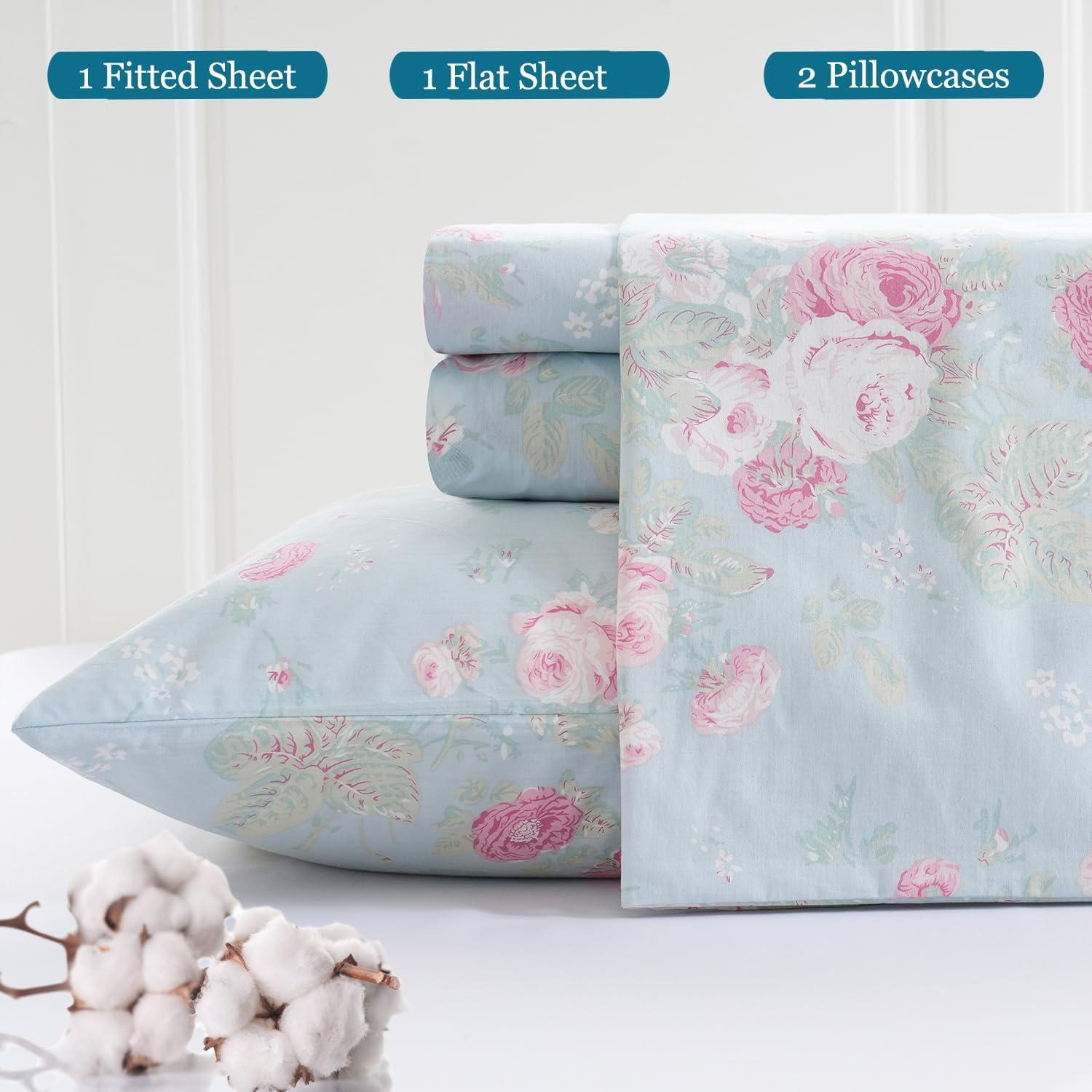 Juego de Sábanas Florales Azules Zusbest Completo 100% Algodón
