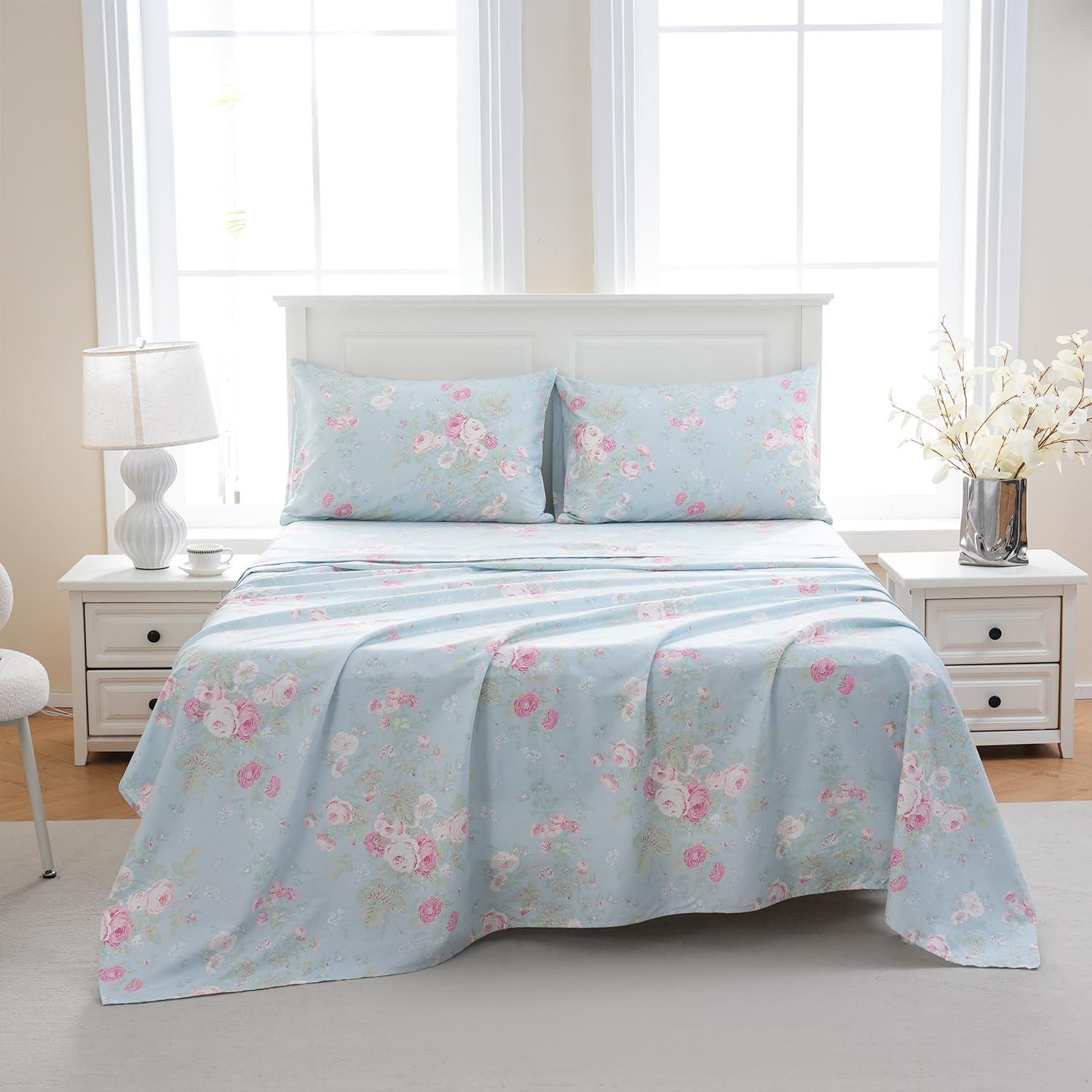Juego de Sábanas Florales Azules Zusbest Completo 100% Algodón