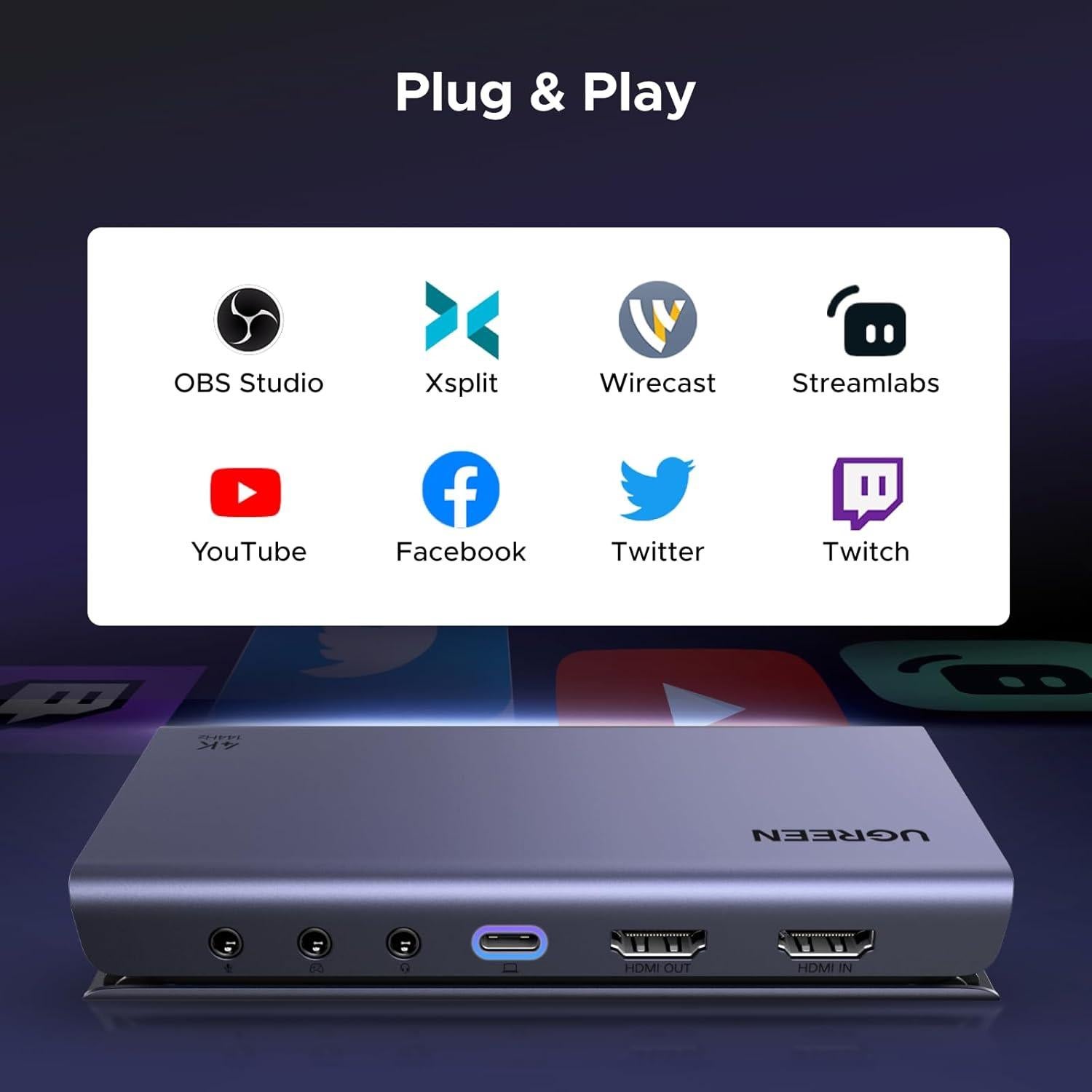 Tarjeta de Captura UGREEN 4K 144Hz HDMI a USB 3.2 con Micrófono