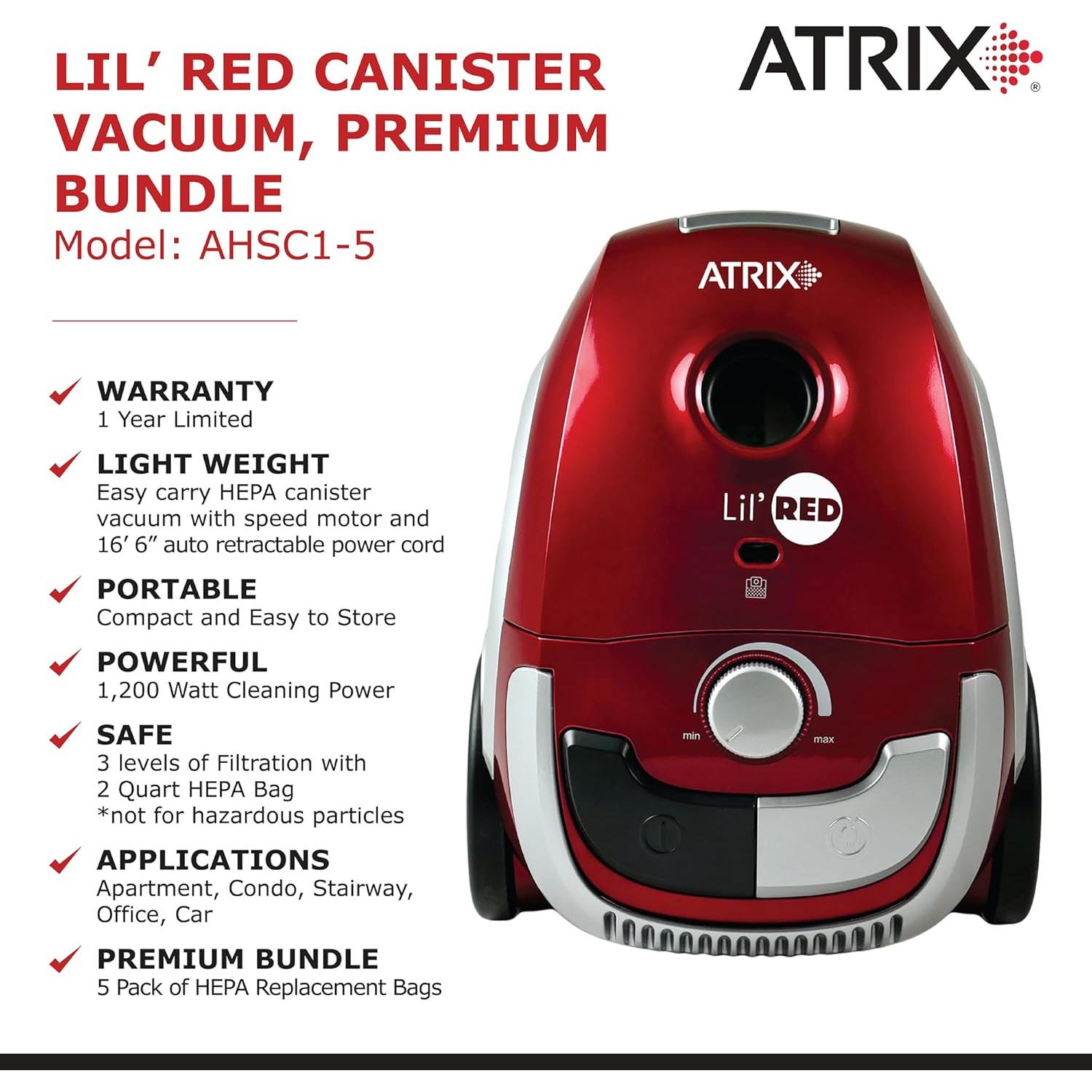 Aspiradora de Canasta Atrix Lil Roja HEPA 1200W Paquete Premium