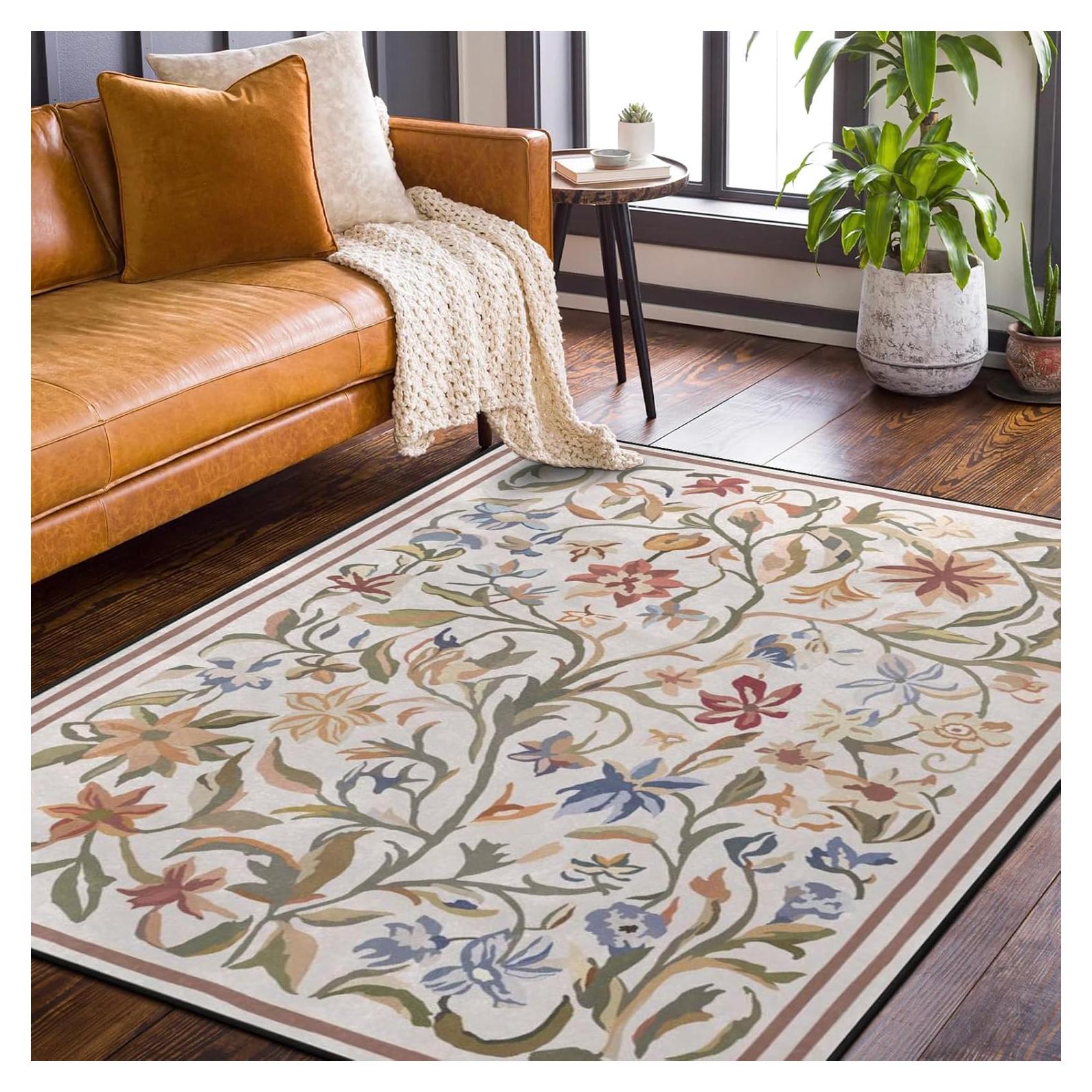 Alfombra de Área Amorettise Floral Beige 1.52x2.13m Antideslizante