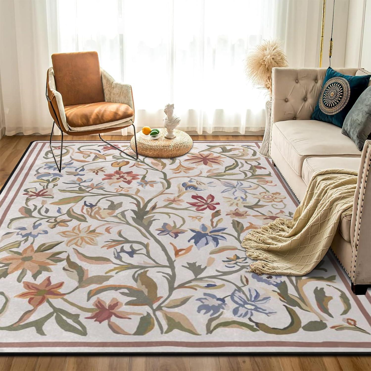 Alfombra de Área Amorettise Floral Beige 1.52x2.13m Antideslizante