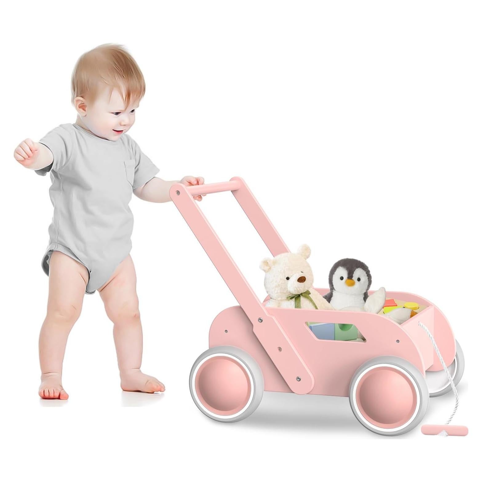 Andador de Madera WyfKyd Rosa Ajustable para Bebés 12-36 Meses