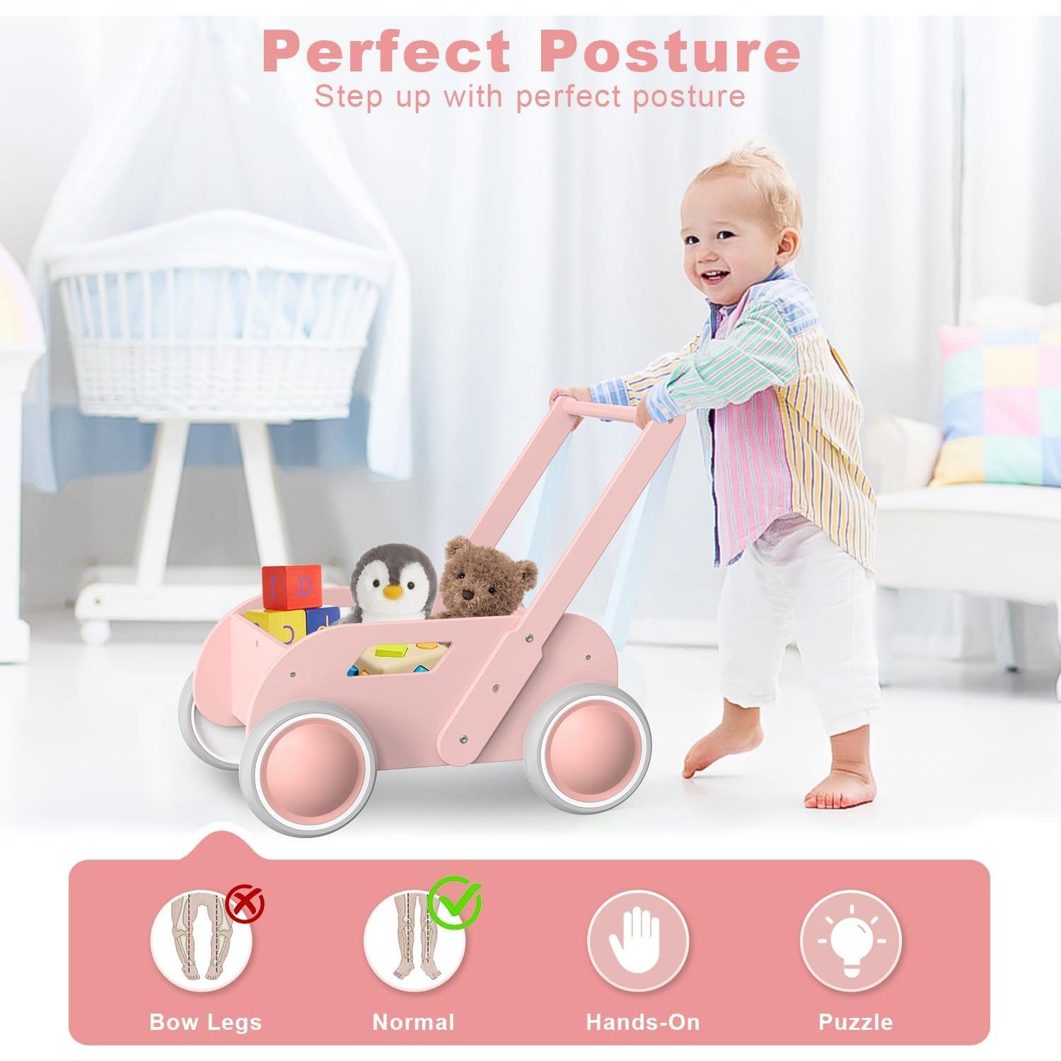 Andador de Madera WyfKyd Rosa Ajustable para Bebés 12-36 Meses