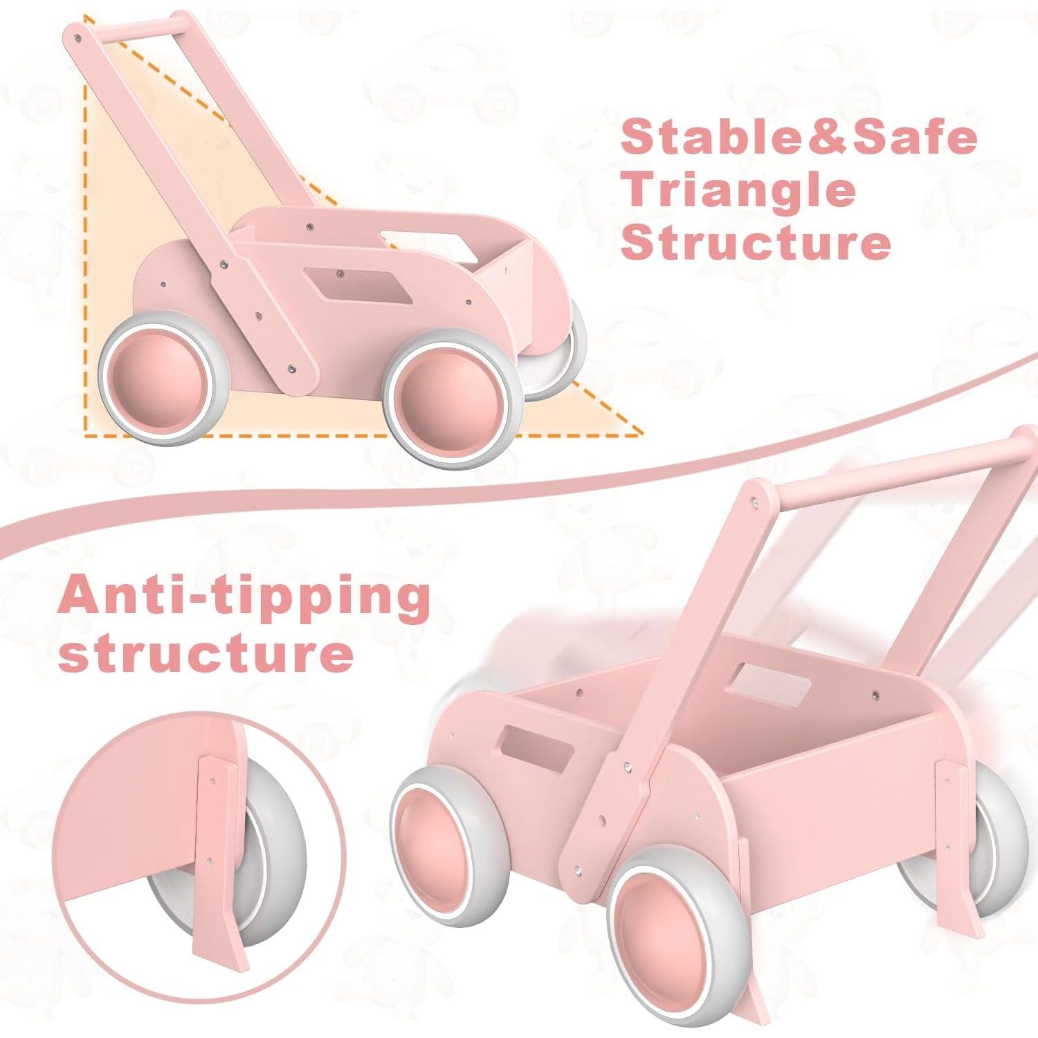 Andador de Madera WyfKyd Rosa Ajustable para Bebés 12-36 Meses