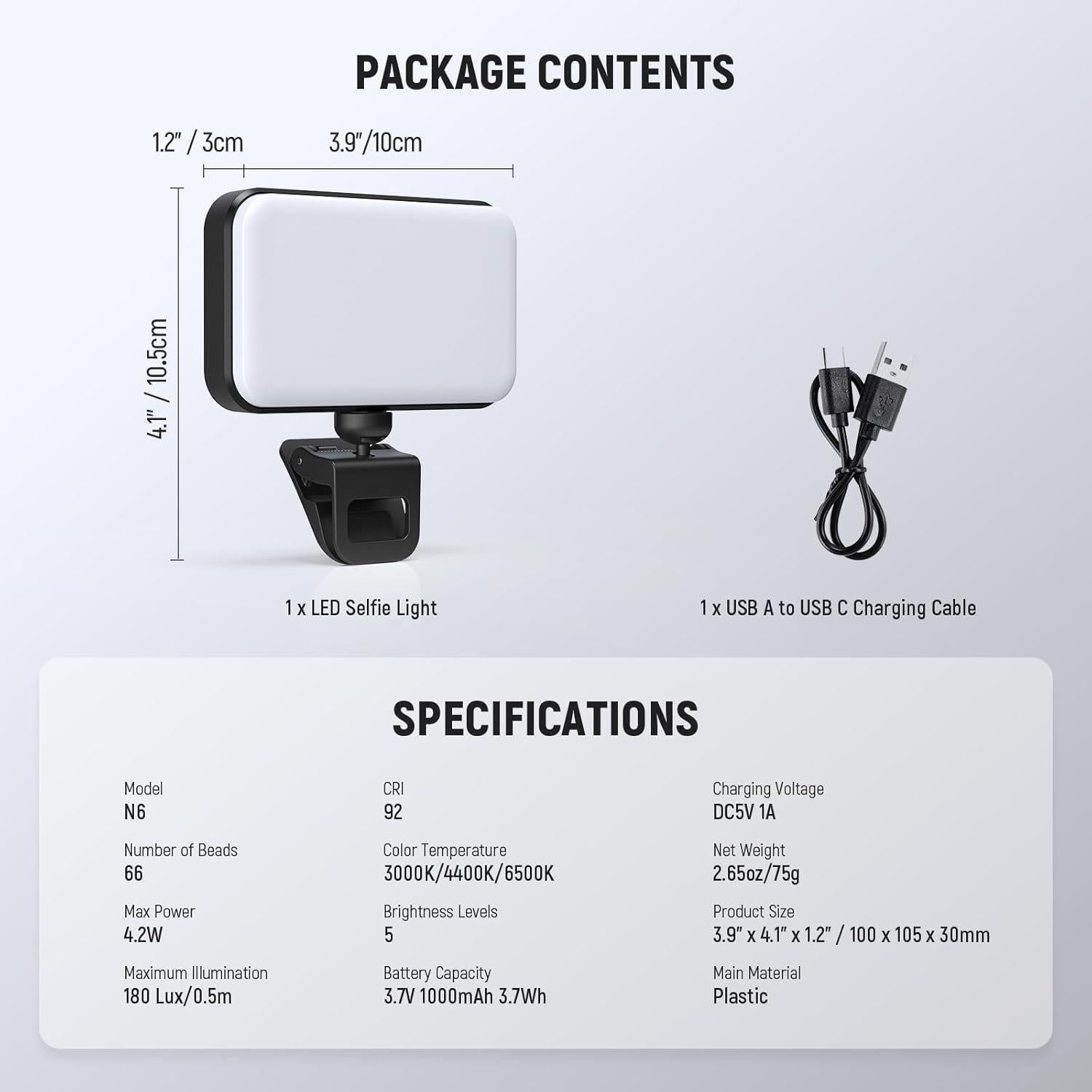 Luz LED para Selfie NEEWER N6, 66 LEDs, Compacta y Recargable