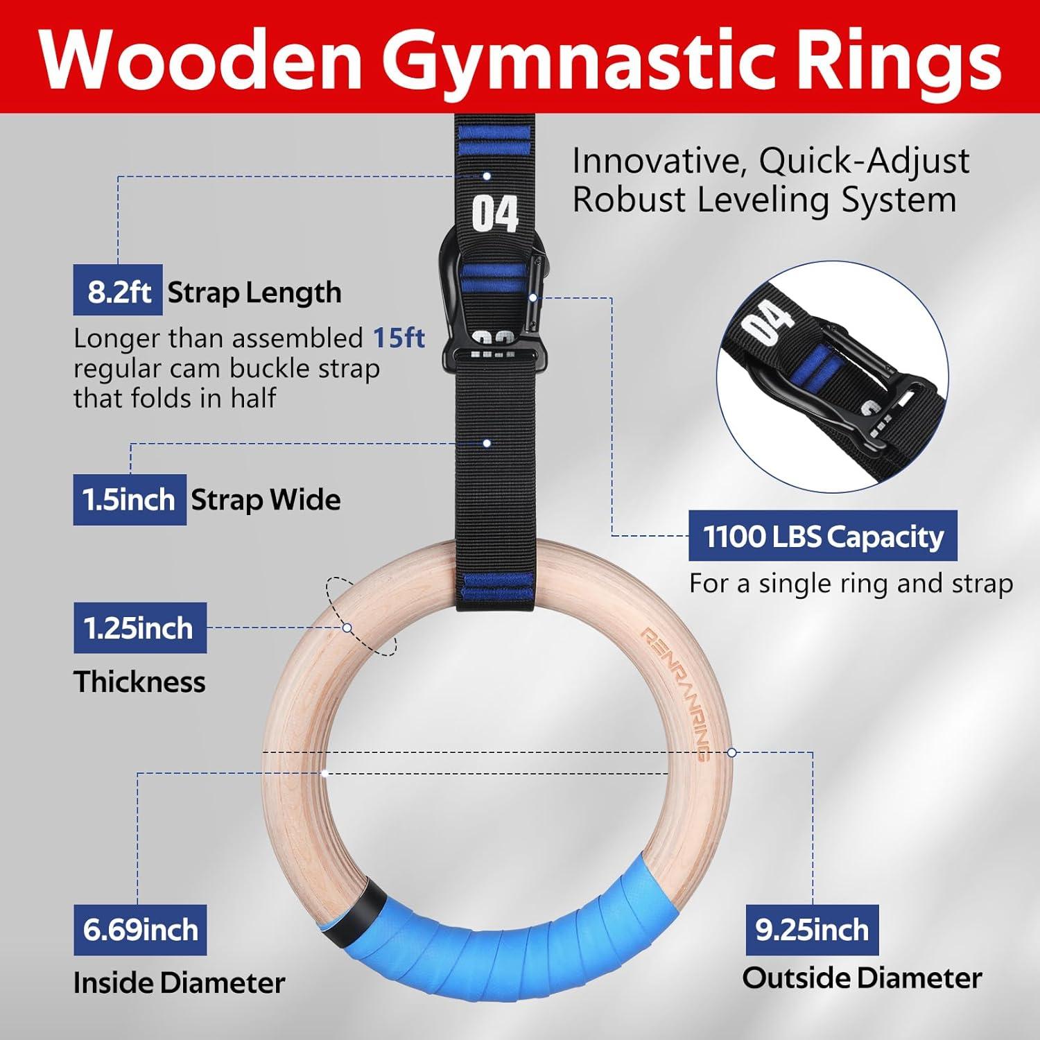 Anillos Gimnásticos RENRANRING de Madera 32mm con Correas Ajustables