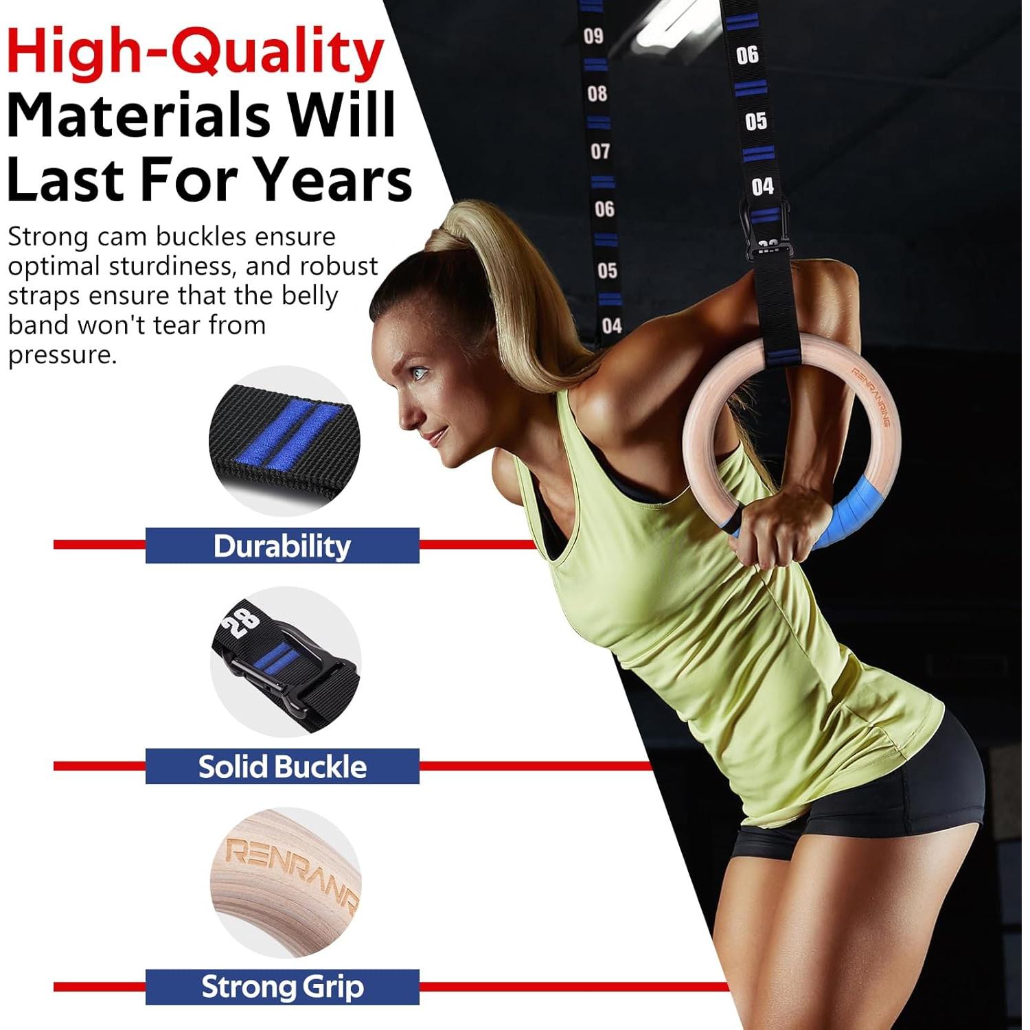 Anillos Gimnásticos RENRANRING de Madera 32mm con Correas Ajustables