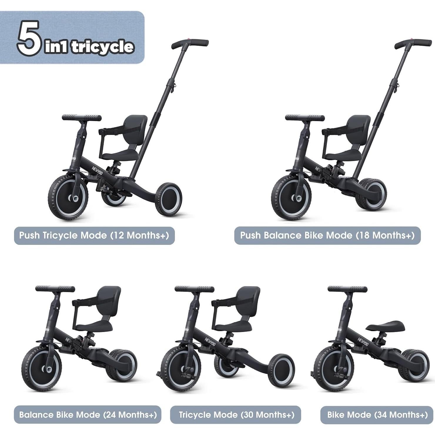Triciclo Convertible Newyoo TR007 para Niños 1-3 Años Negro