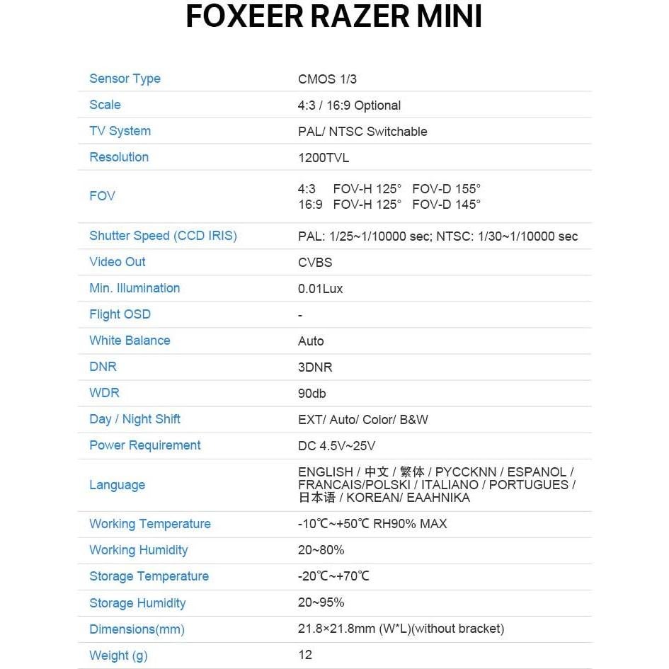 Cámara FPV Razer Mini 1200TVL CMOS 1/3" 22x22mm Ultra Ligera