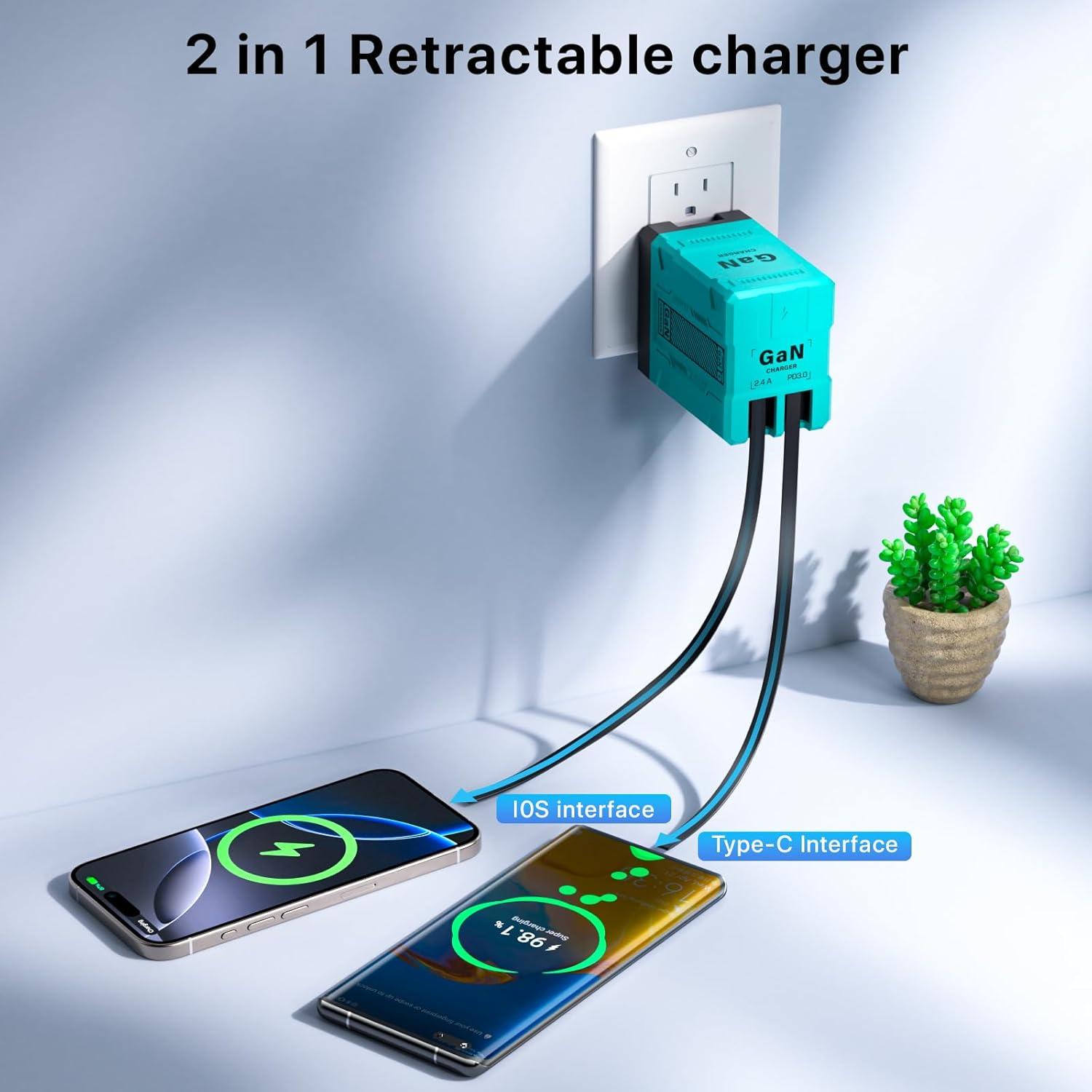 Cargador de Pared Retráctil 2 en 1 45W USB-C iOS Azul