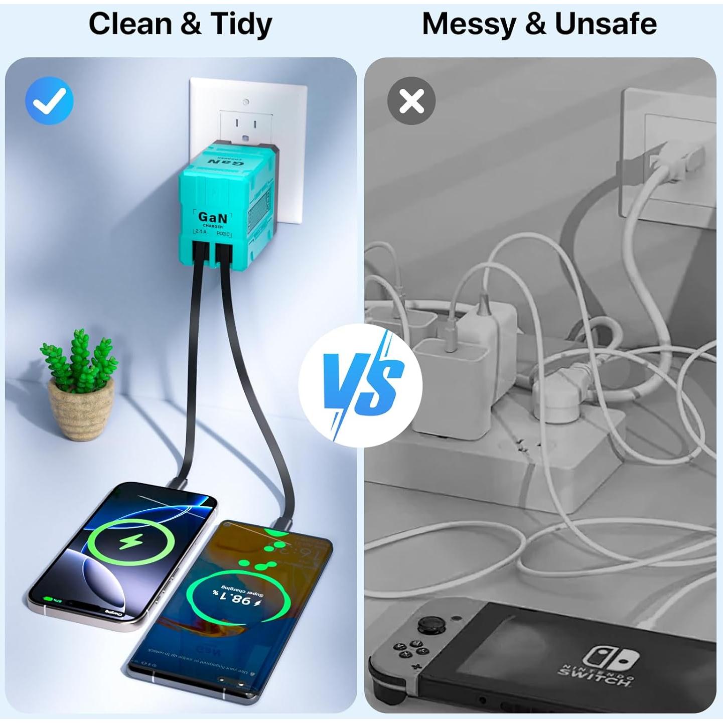 Cargador de Pared Retráctil 2 en 1 45W USB-C iOS Azul