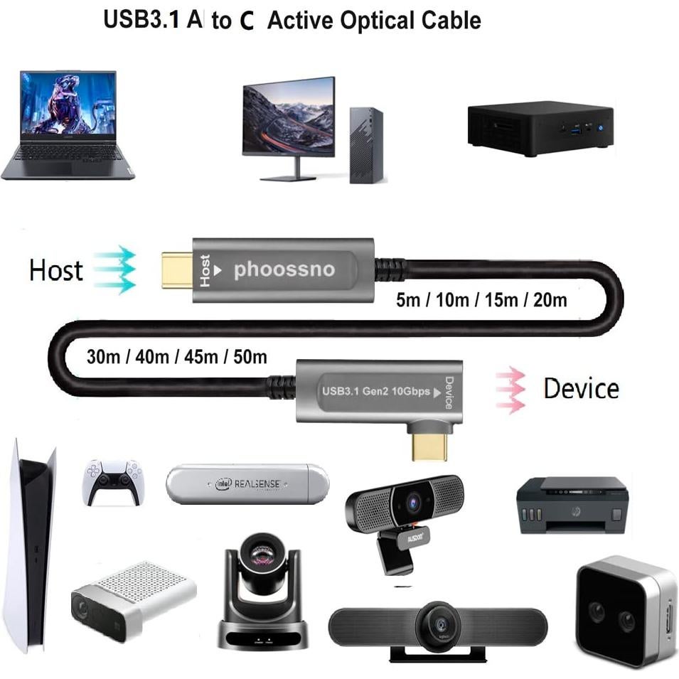 Cable óptico USB C a C Phoossno 10m 10Gbps para dispositivos