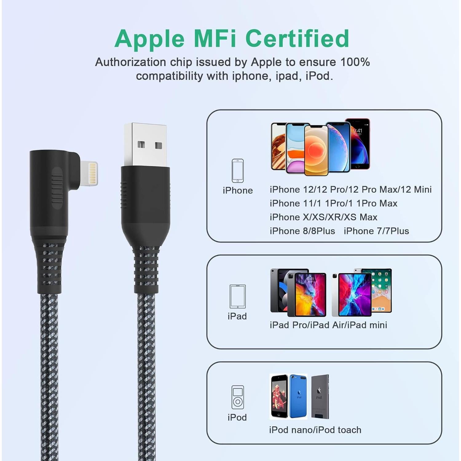 Cable de Carga Lightning Bawanfa 6.1m Ángulo Recto MFi iPhone