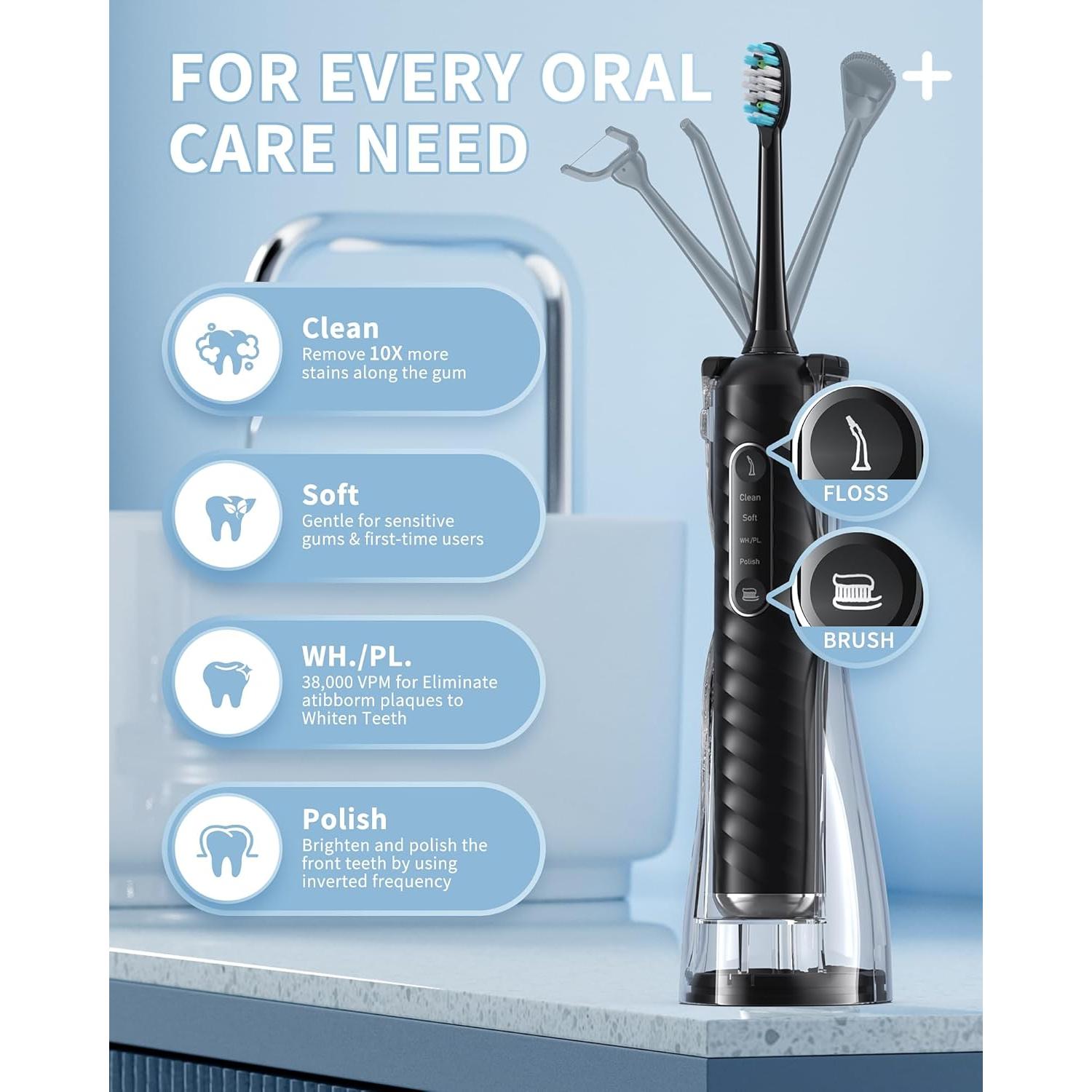 Cepillo de dientes eléctrico y irrigador Duolosy 4 en 1 negro