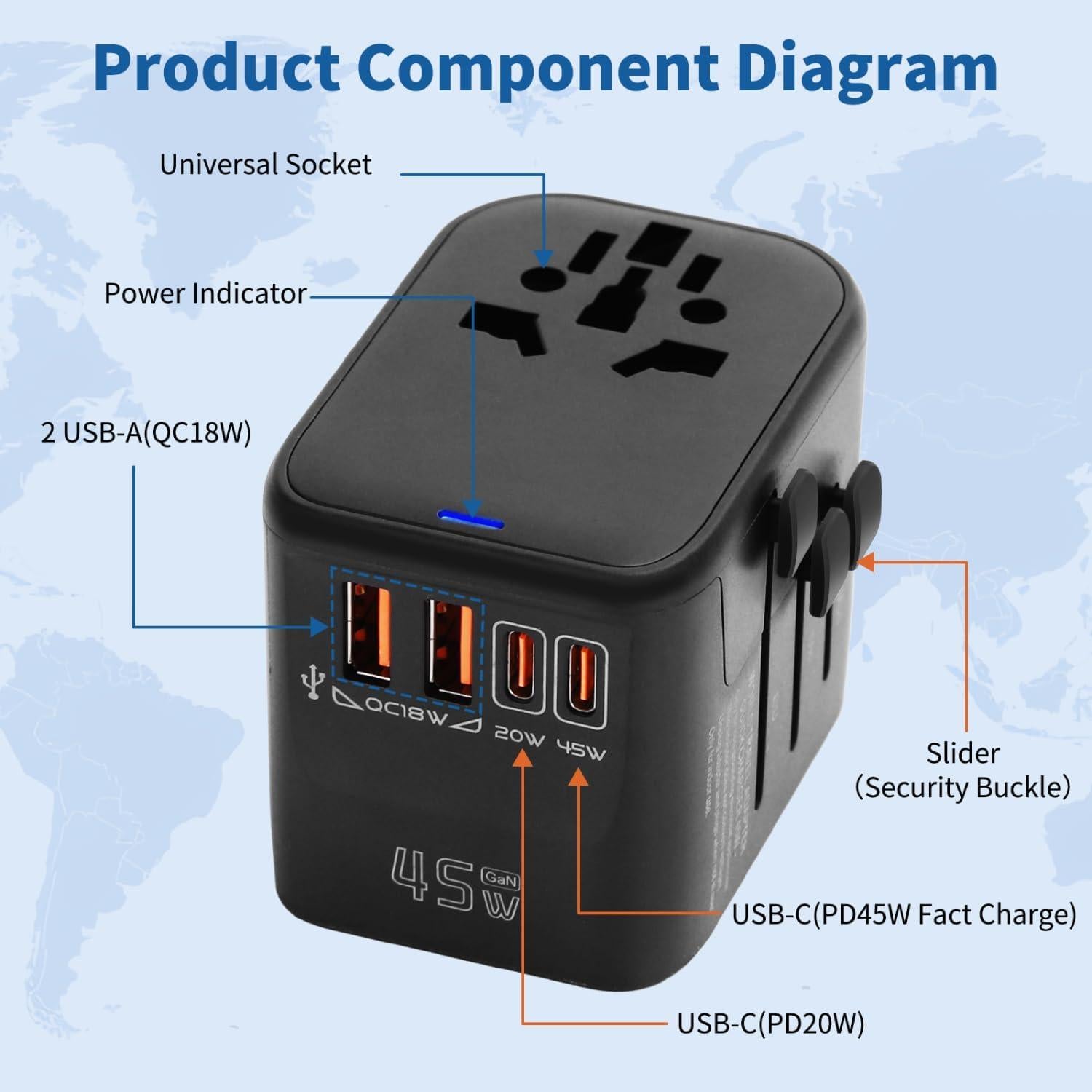 Adaptador de Viaje Universal Aigostar 5-en-1 45W Carga Rápida