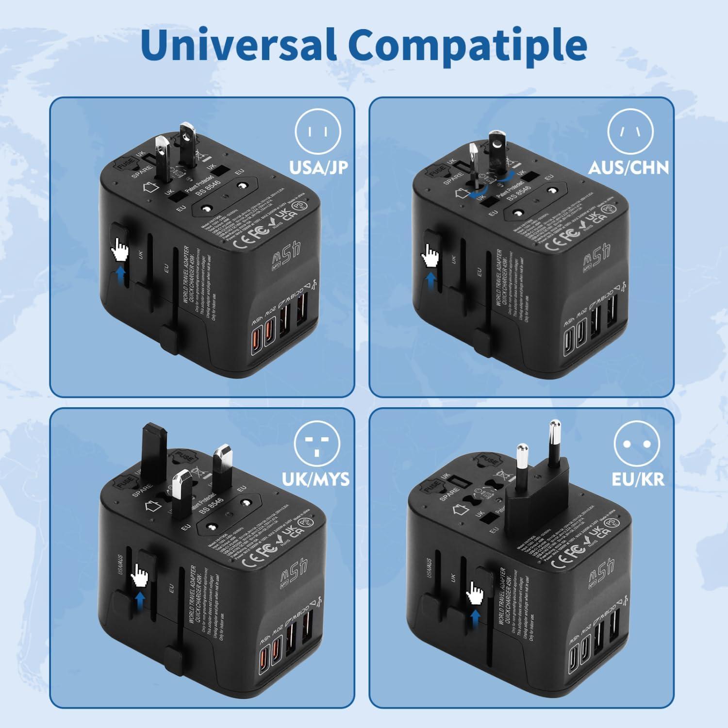 Adaptador de Viaje Universal Aigostar 5-en-1 45W Carga Rápida